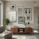 Terrisma 6-Set Neutral Textured Framed 3D Wall Art by Giant Sculptures arranged as an asymmetric gallery wall above a walnut sideboard in a modern living room.