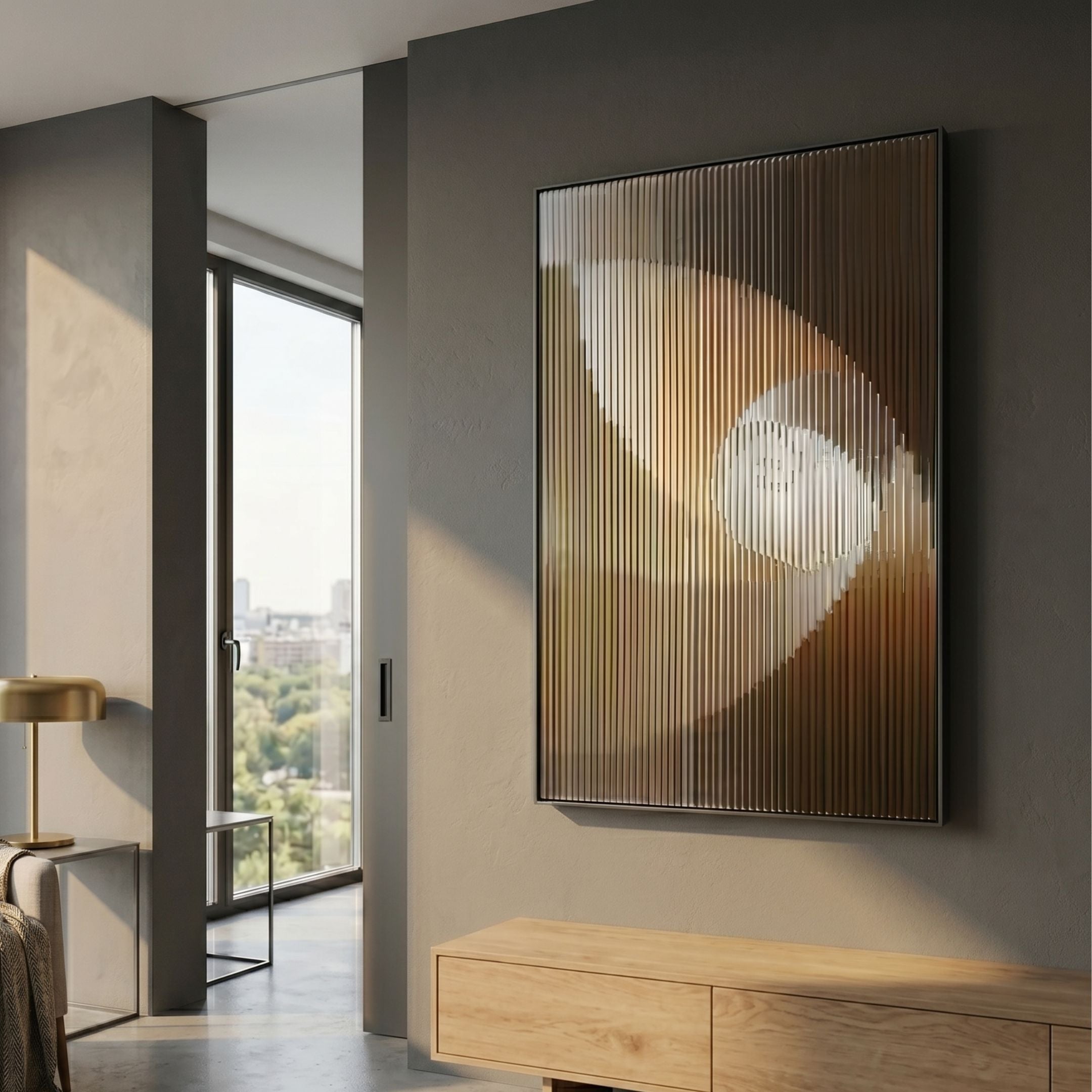 Cyclastra Amber Optical Spiral Acrylic 3D Wall Art by Giant Sculptures mounted on a grey wall in a modern interior with wooden sideboard and city-view window.