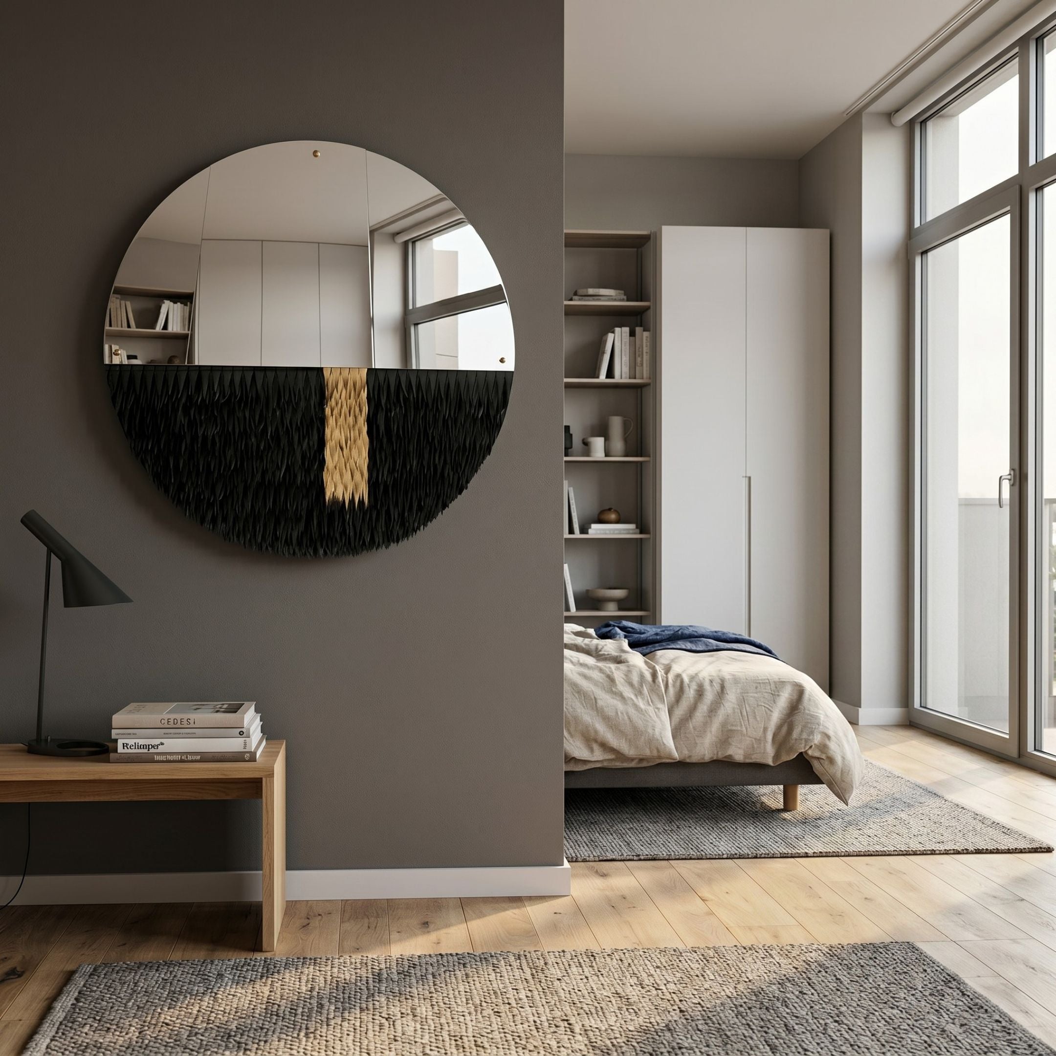 Vantara Noir & Gold Leather Mirror 3D Wall Art by Giant Sculptures mounted on a grey wall in a modern bedroom with a wooden bench, lamp, and bed nearby.