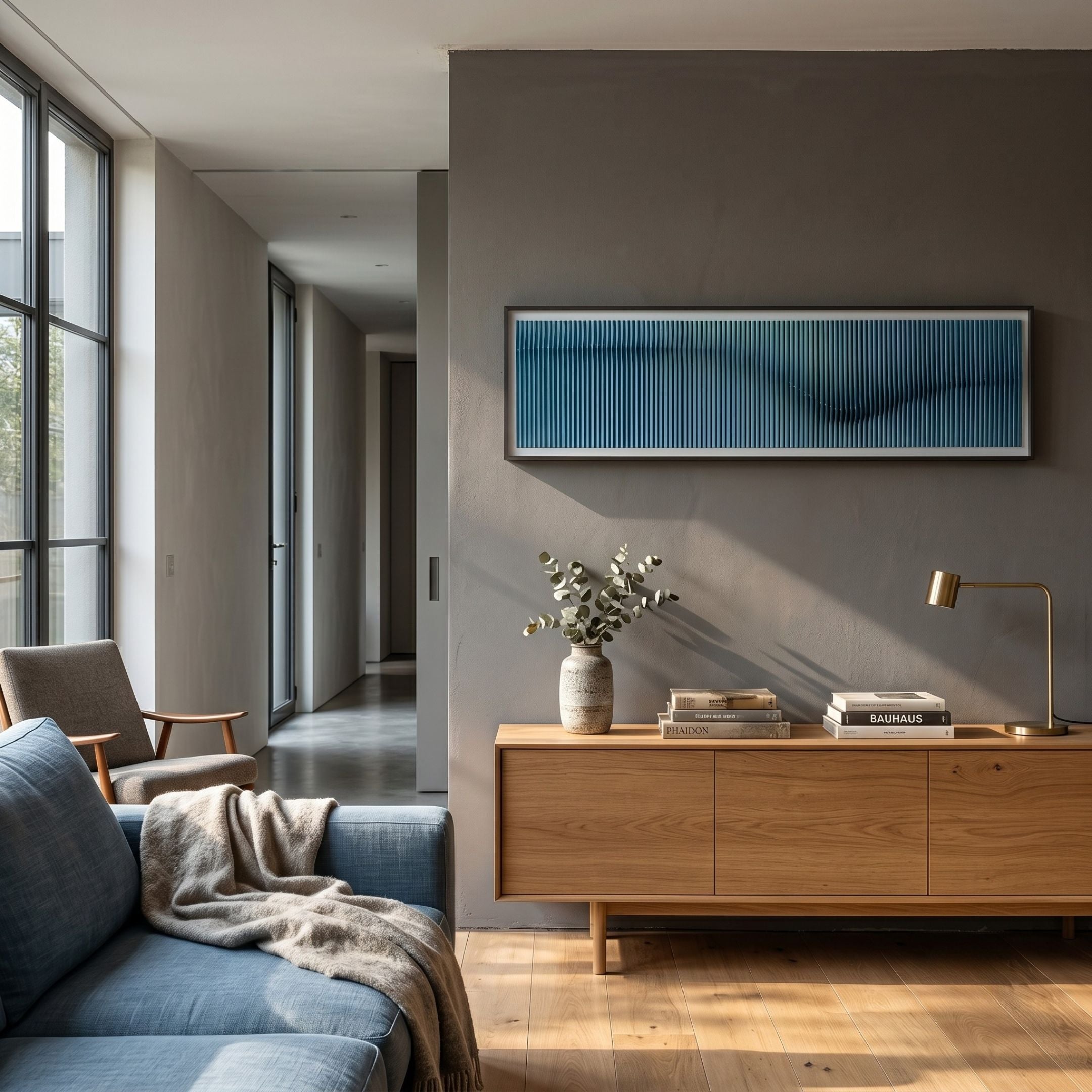 Flutine Aqua Wave Gradient Acrylic 3D Wall Art by Giant Sculptures mounted on a grey wall above an oak sideboard in a modern living room.