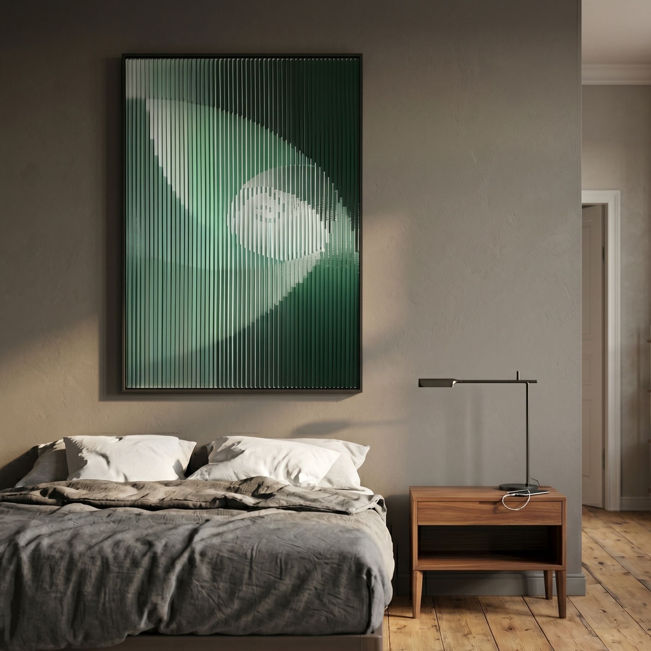 Cyclastra Green II Optical Spiral Acrylic 3D Wall Art by Giant Sculptures mounted above a linen-dressed bed beside a walnut nightstand and slim black lamp.