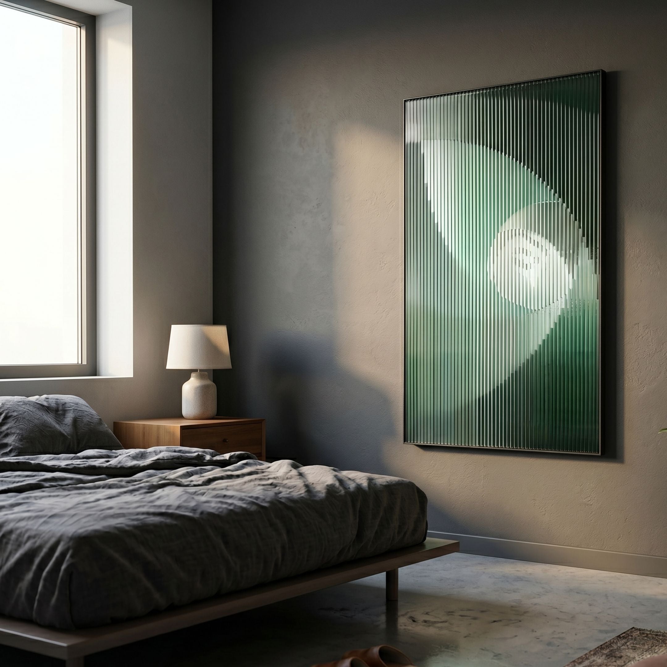 Cyclastra Green Optical Spiral Acrylic 3D Wall Art by Giant Sculptures mounted on a grey bedroom wall beside a wooden nightstand, lamp, and dark linen bed.