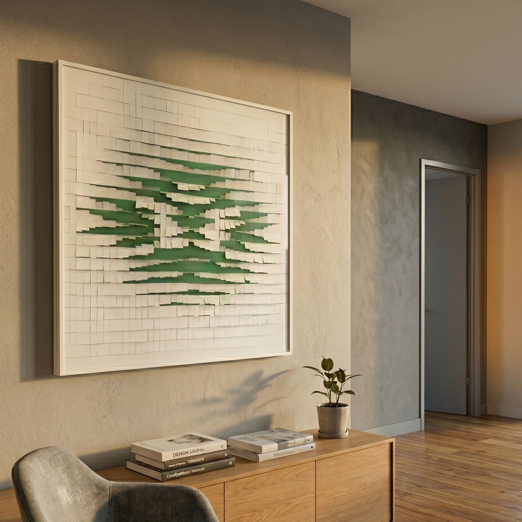 Echovia Green Linear Square Acrylic 3D Wall Art by Giant Sculptures displayed above an oak sideboard with books and a potted plant in a warm interior.