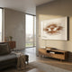 Echovia Bronze Linear Wide Acrylic 3D Wall Art by Giant Sculptures displayed above a walnut sideboard in a modern living room with floor-to-ceiling windows.