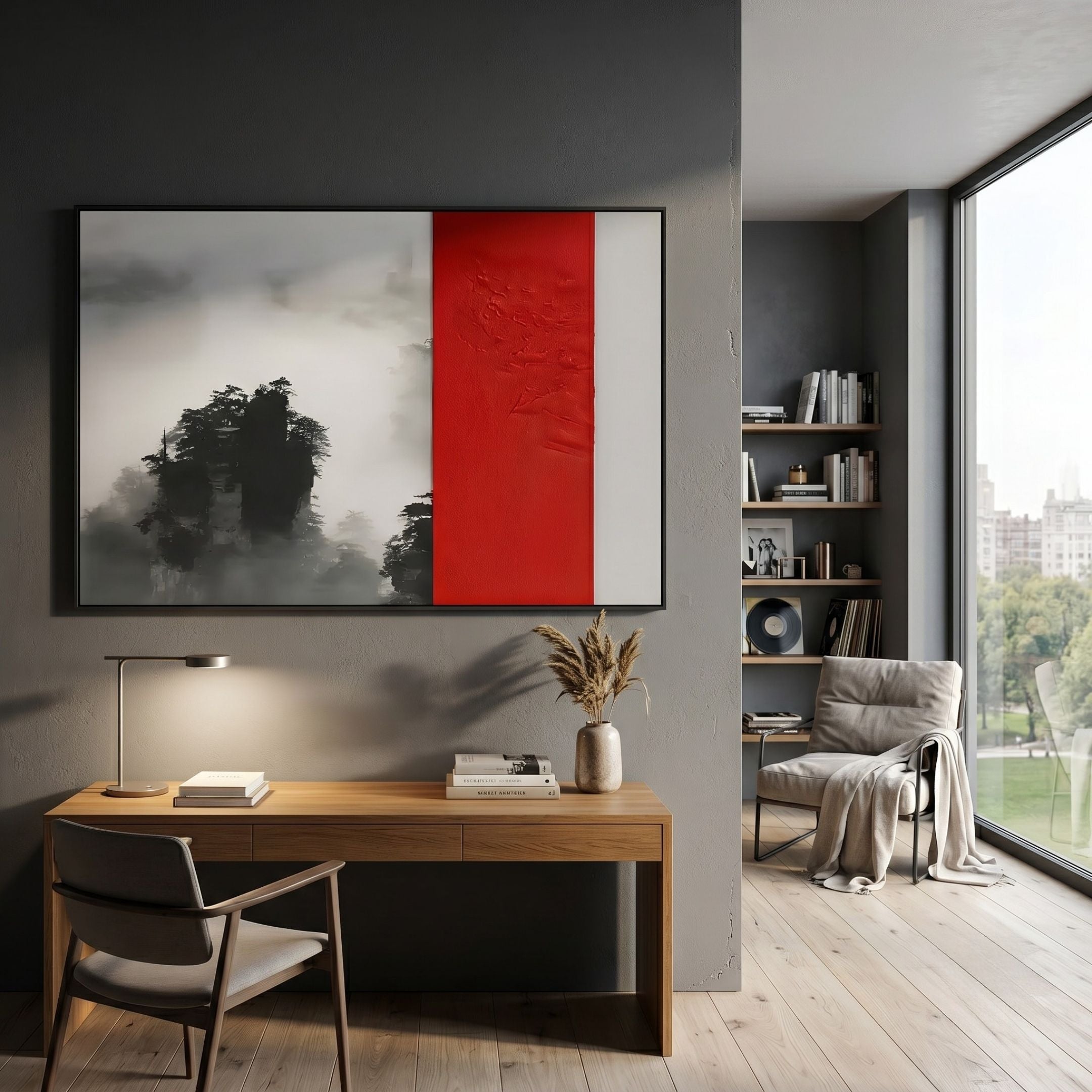 Ryushin Cloud Cliff Red Leather Carving 3D Wall Art in black frame above a wooden desk, displaying misty grey landscape with bold vertical red stripe.