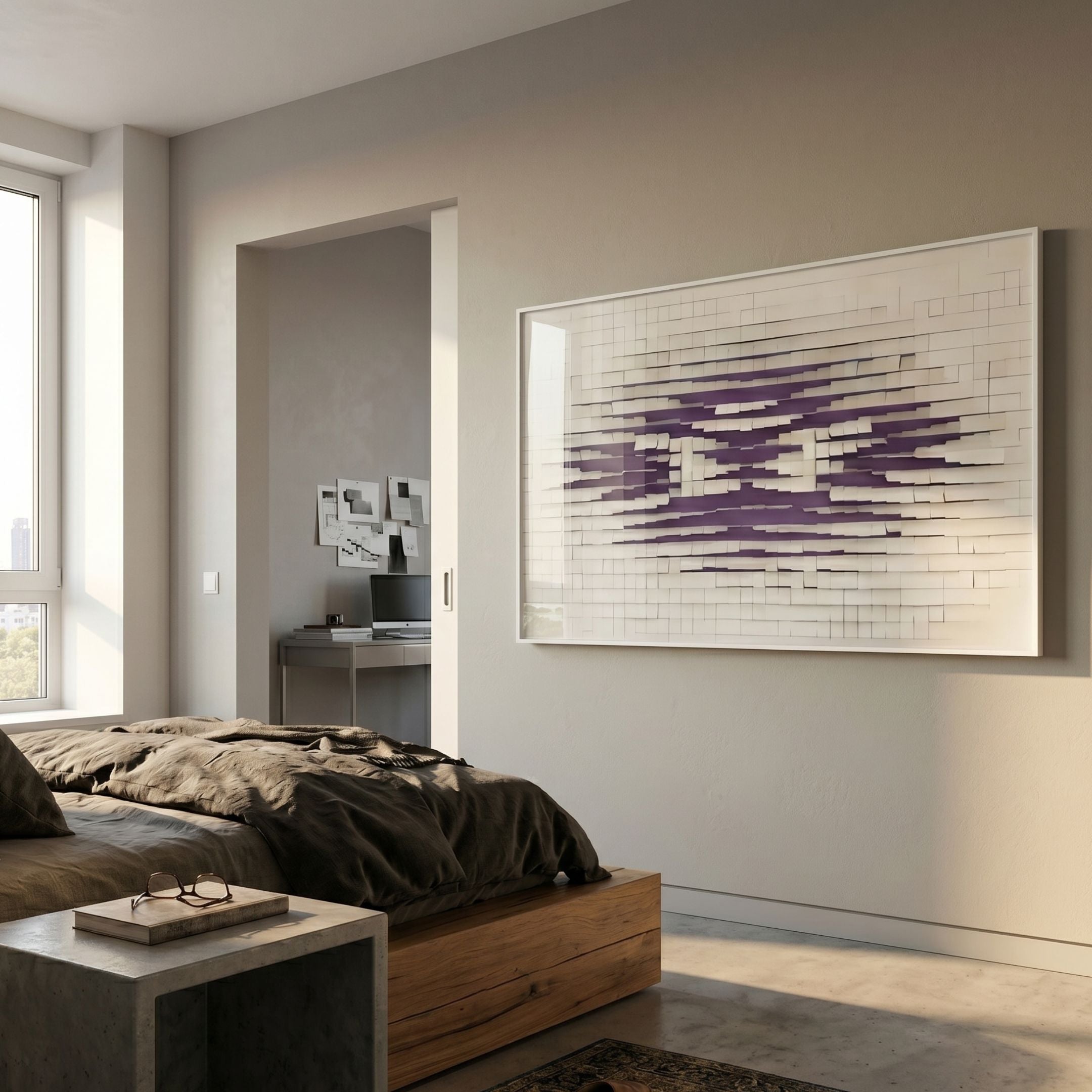 Echovia Violet Linear Wide Acrylic 3D Wall Art by Giant Sculptures, with white tiled surface and central violet cluster, mounted above a wooden bed in a modern bedroom.