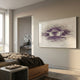 Echovia Violet Linear Wide Acrylic 3D Wall Art by Giant Sculptures, with white tiled surface and central violet cluster, mounted above a wooden bed in a modern bedroom.