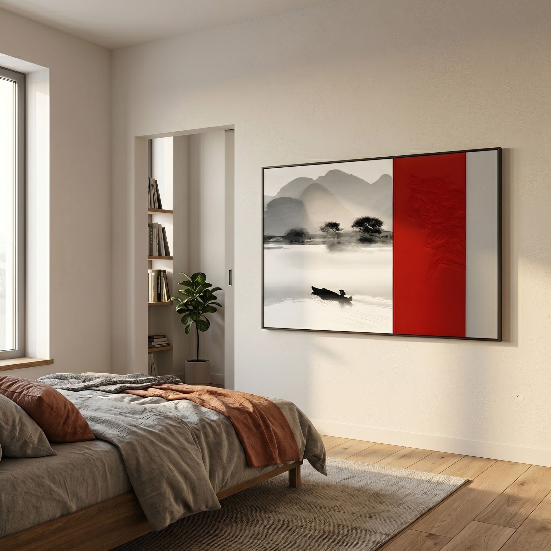 Ryushin Morning Row Red Leather Carving 3D Wall Art mounted above a bed, pairing a grey ink landscape with a carved red leather dragon panel.