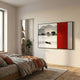 Ryushin Morning Row Red Leather Carving 3D Wall Art mounted above a bed, pairing a grey ink landscape with a carved red leather dragon panel.