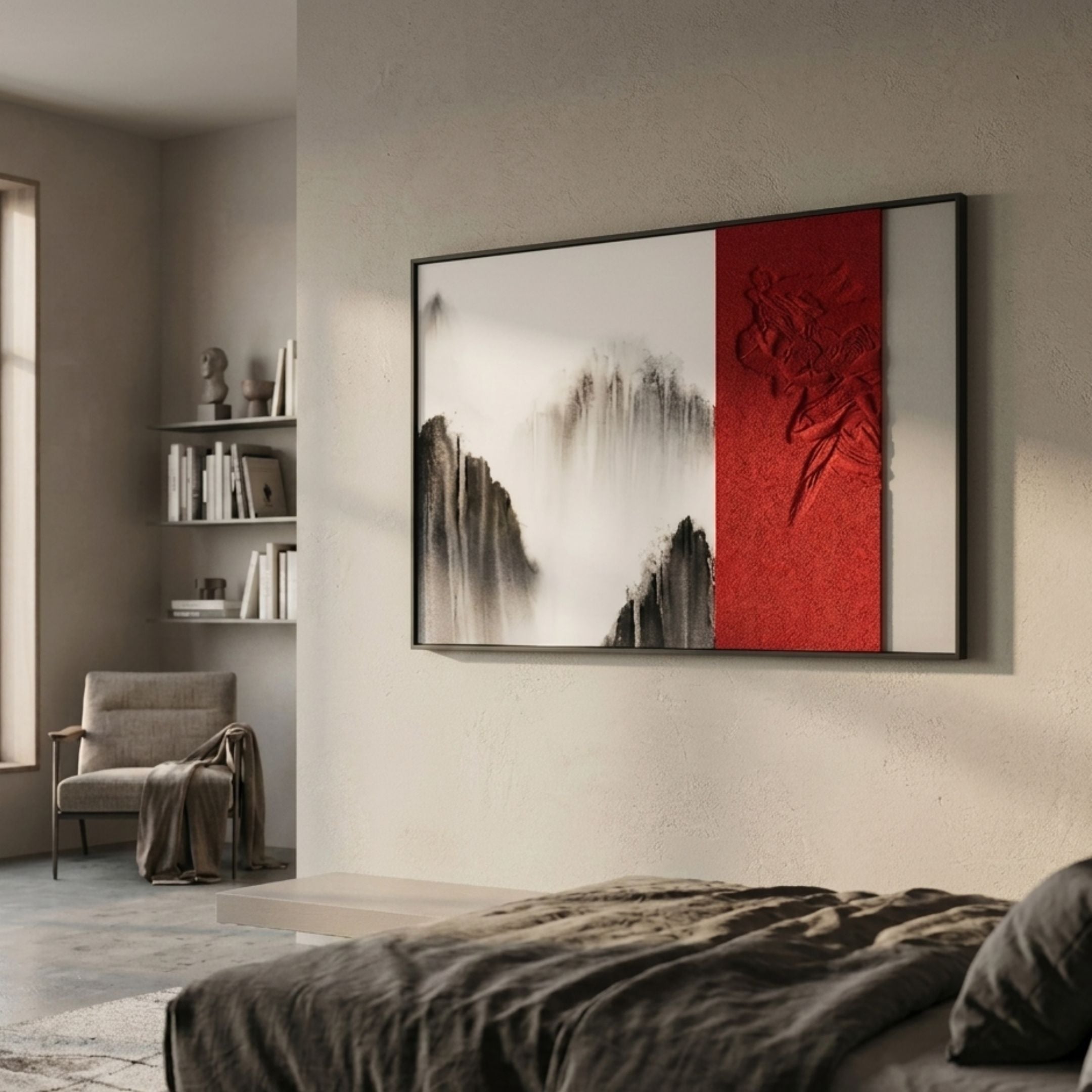 Ryushin Waterfall Mist Red Leather Carving 3D Wall Art by Giant Sculptures mounted above a bed, with black ink mountains, red carved leather panel, and grey section.
