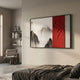 Ryushin Waterfall Mist Red Leather Carving 3D Wall Art by Giant Sculptures mounted above a bed, with black ink mountains, red carved leather panel, and grey section.