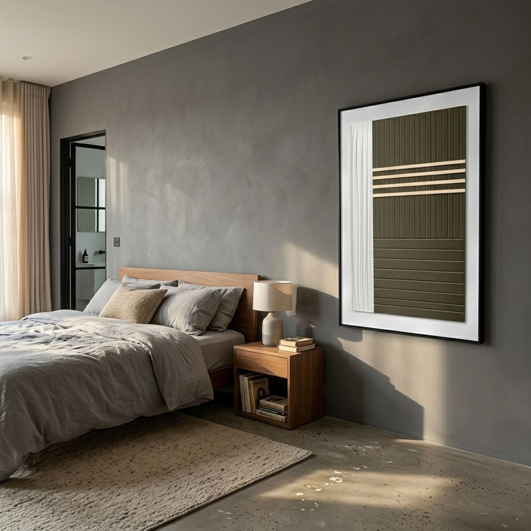Trivaro Brown Panel III Wood Carving 3D Wall Art by Giant Sculptures, framed in black and hung above a wooden nightstand in a grey-toned bedroom.