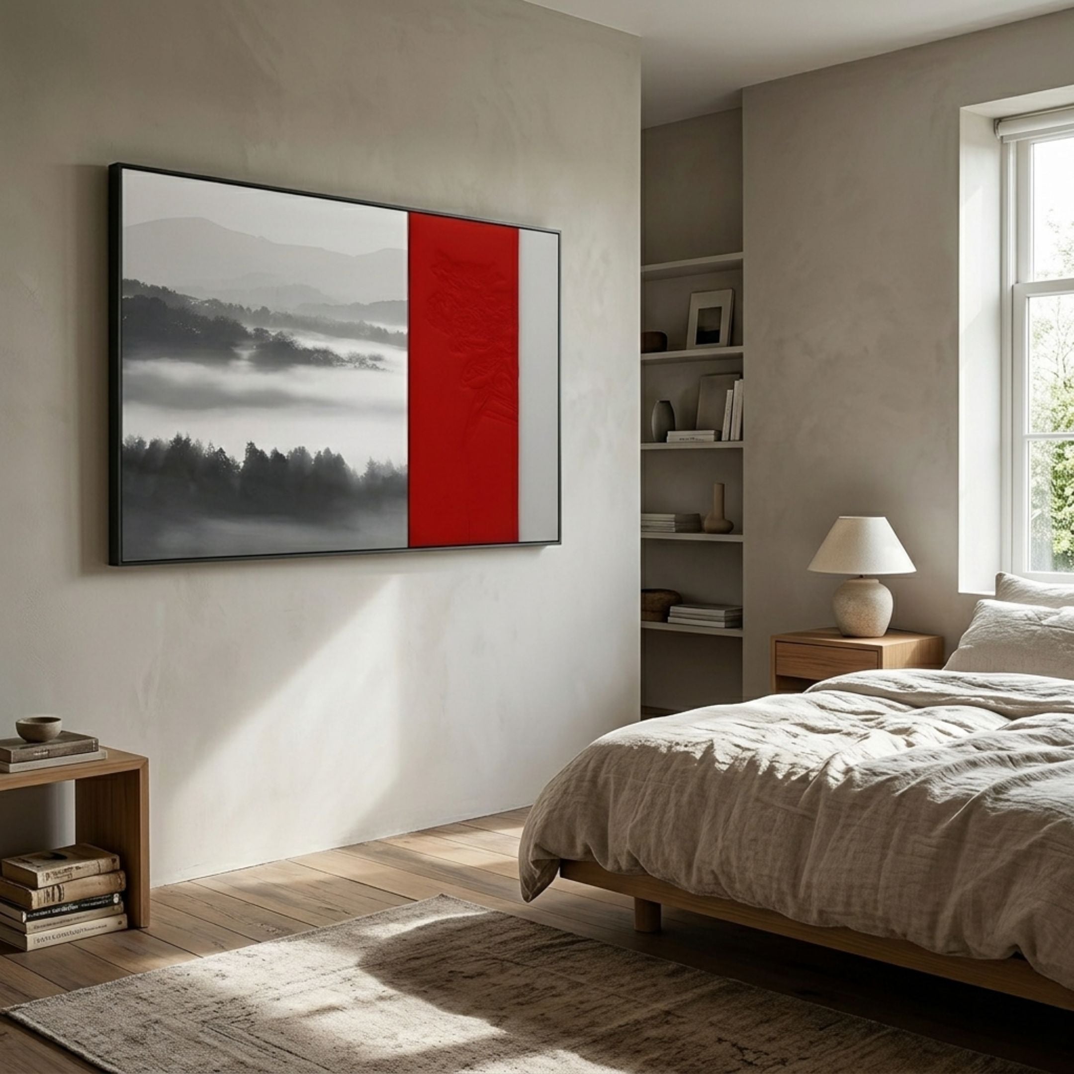 Ryushin Fog Ridge Red Leather Carving 3D Wall Art by Giant Sculptures displayed above a wooden bed in a neutral bedroom with linen bedding and shelving.