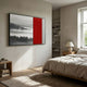 Ryushin Fog Ridge Red Leather Carving 3D Wall Art by Giant Sculptures displayed above a wooden bed in a neutral bedroom with linen bedding and shelving.