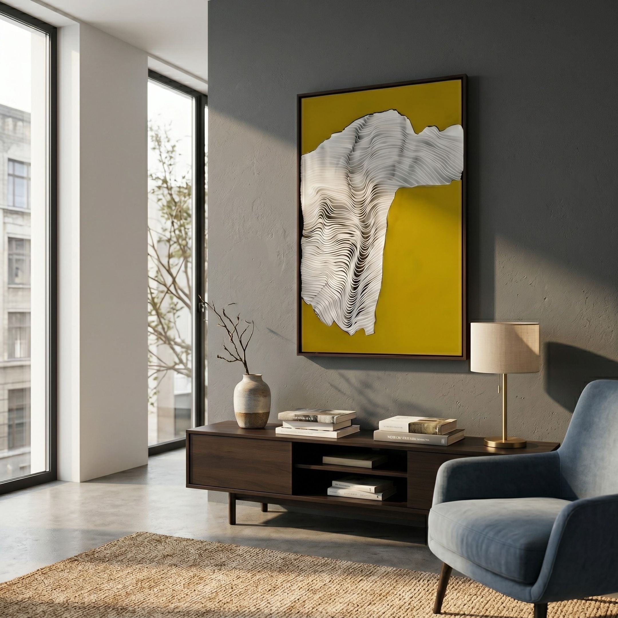 Ravelle Mustard Contour Felt 3D Relief Wall Art by Giant Sculptures displayed above a dark wood console with a vase and lamp in a modern living room.