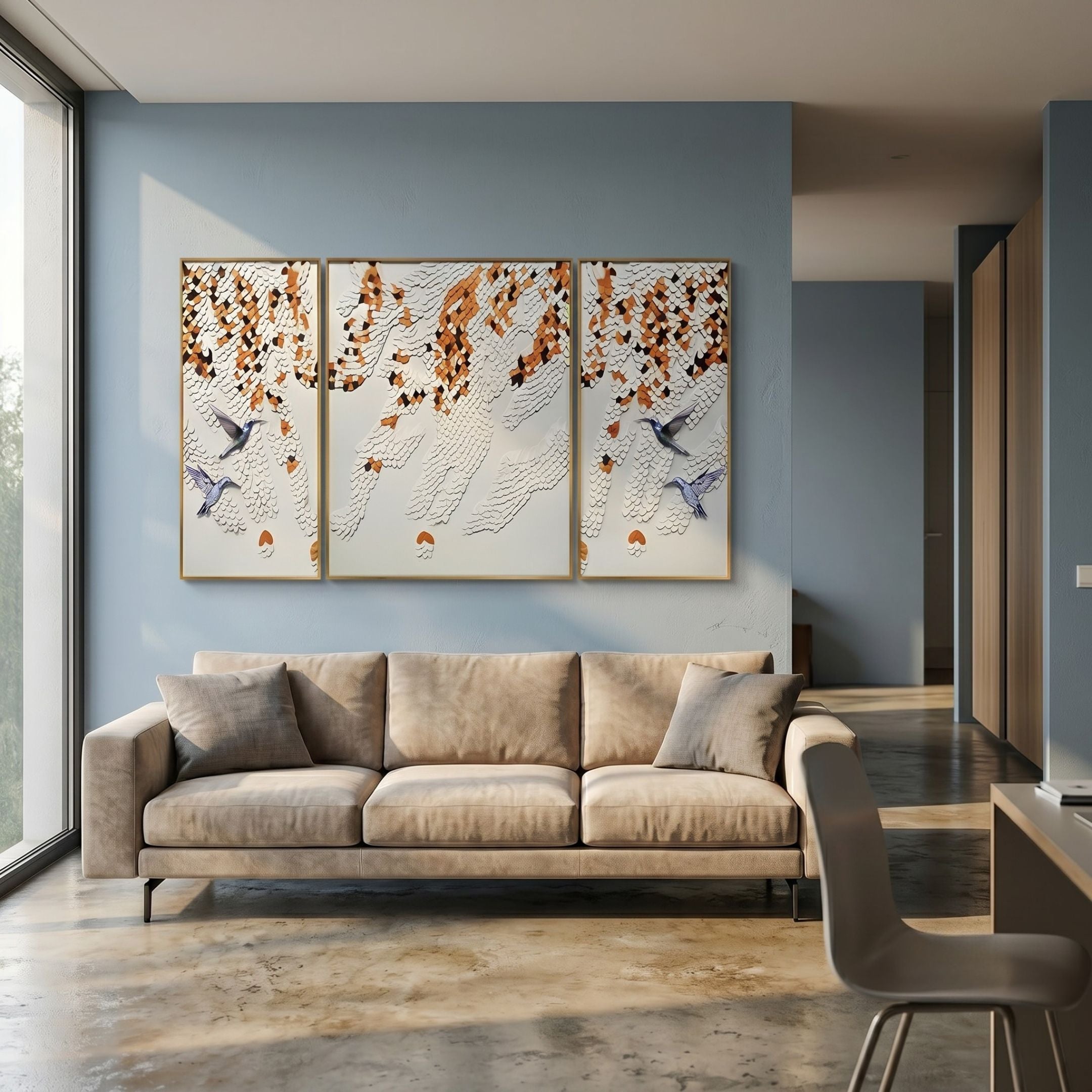 Avarra Orange & White Bird Flight Triptych Leather 3D Wall Art in gold frames above a beige sofa in a blue-walled modern living room.