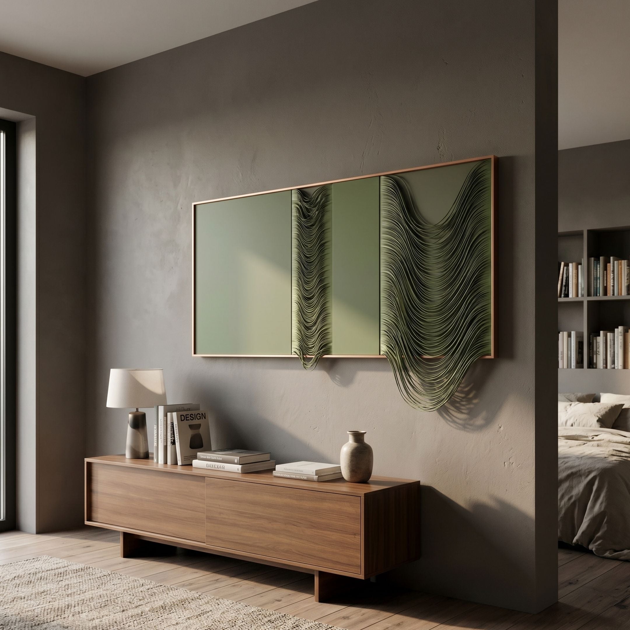 Drapelle Green Flow Layered Leather 3D Wall Art by Giant Sculptures mounted above a walnut sideboard in a modern bedroom with grey walls and bookshelves.