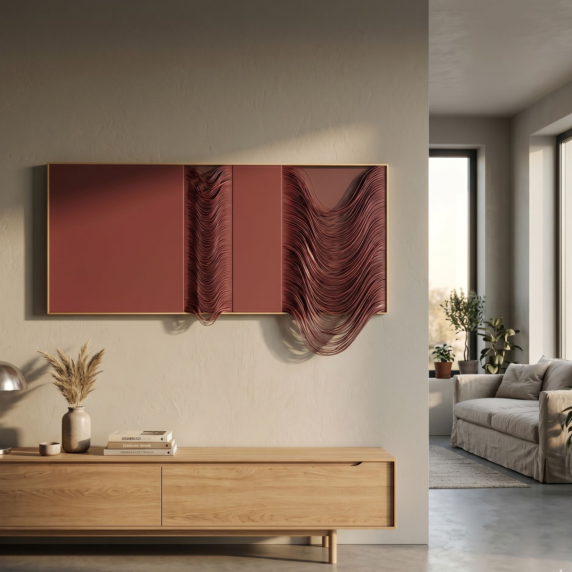 Drapelle Red Flow Layered Leather 3D Wall Art by Giant Sculptures mounted above a light oak sideboard in a modern living room with a beige sofa.