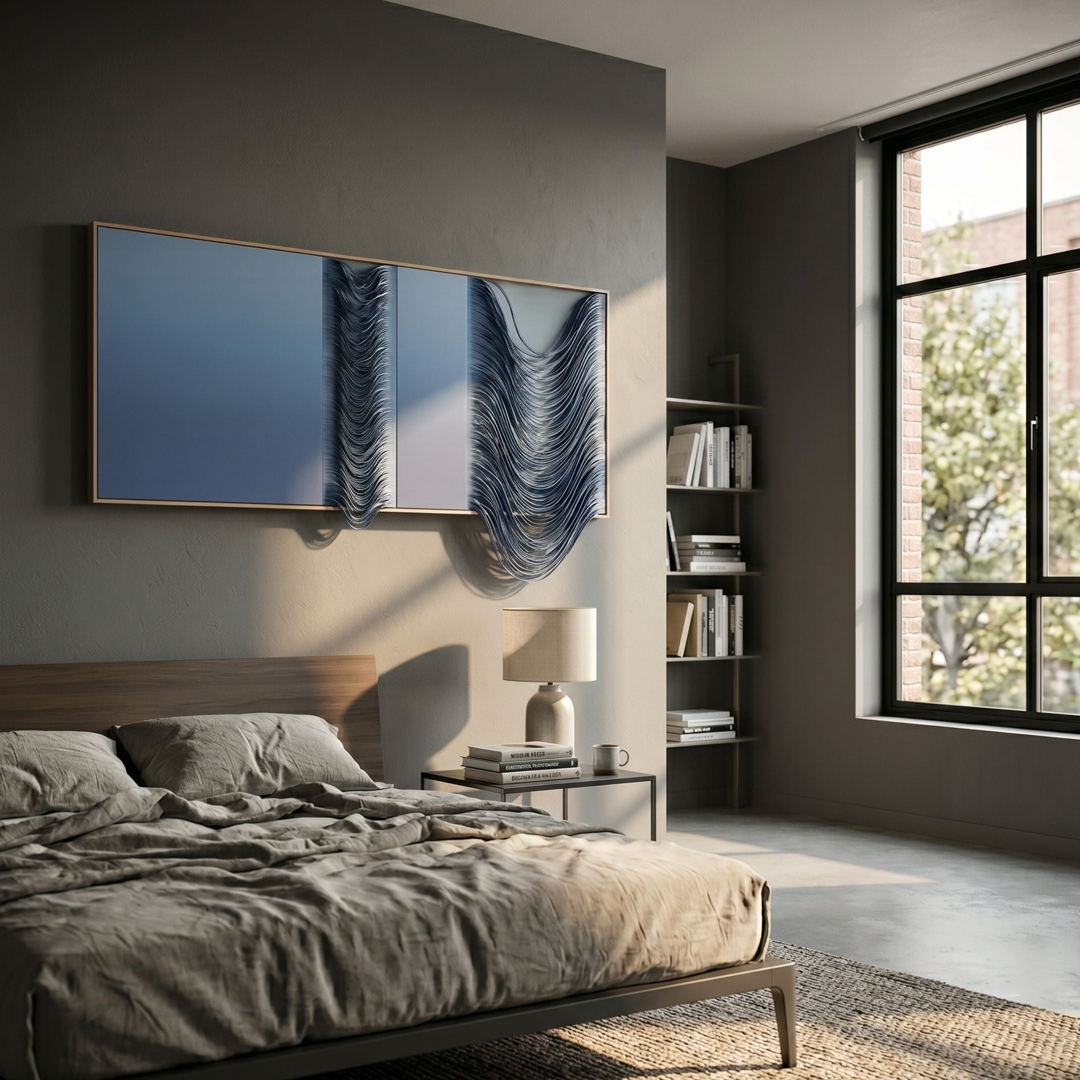 Drapelle Blue Flow Layered Leather 3D Wall Art by Giant Sculptures mounted above a wooden bed with grey linens in a modern bedroom with large window.