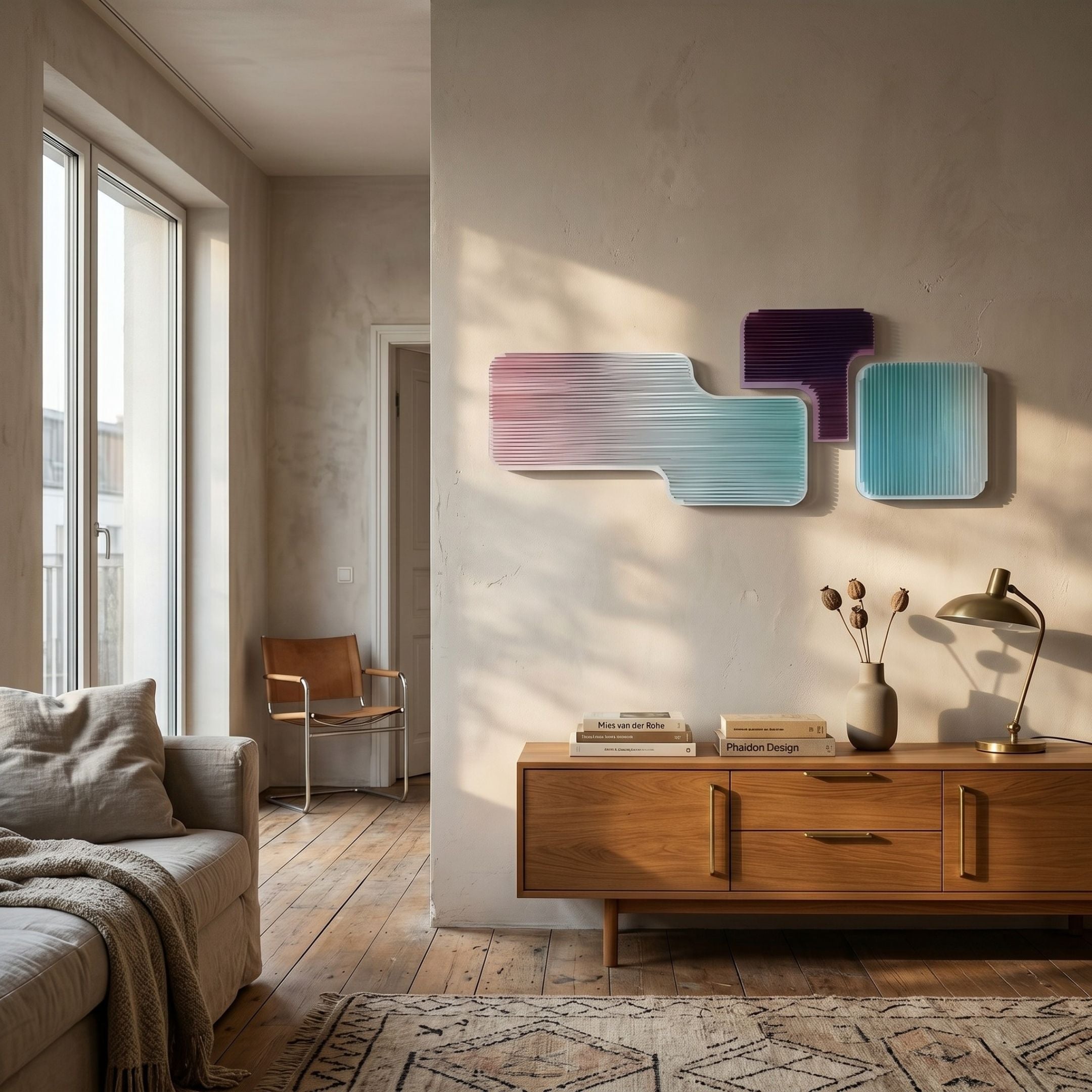 Aerivue Horizontal Trio Gradient Acrylic 3D Wall Art in pink, teal and purple mounted above a mid-century wood sideboard with brass lamp in a sunlit living room.