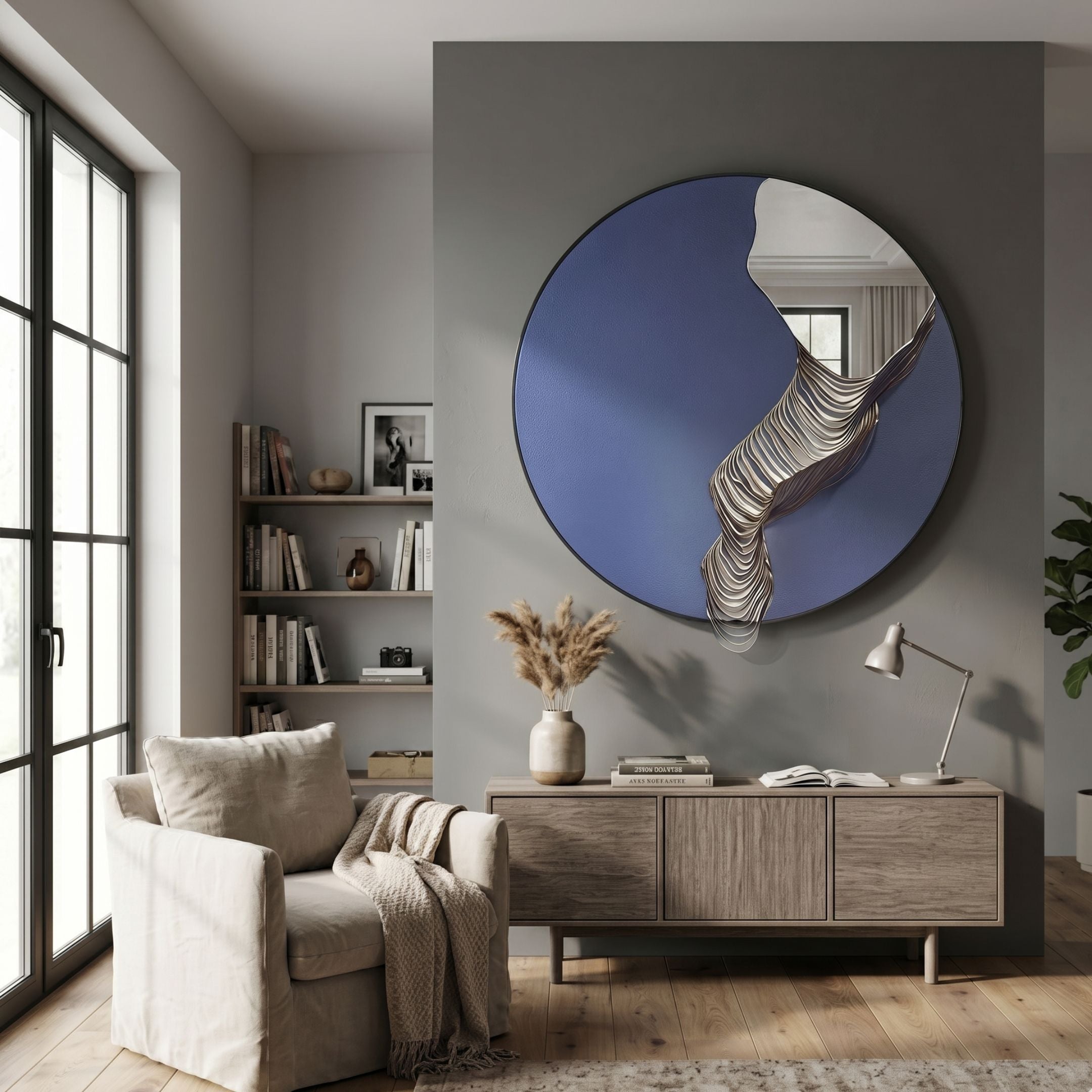 Rivelune Navy Blue Sculptural Round Mirror 3D Wall Art mounted on a grey wall above a wooden sideboard, beside a linen armchair and bookshelf.