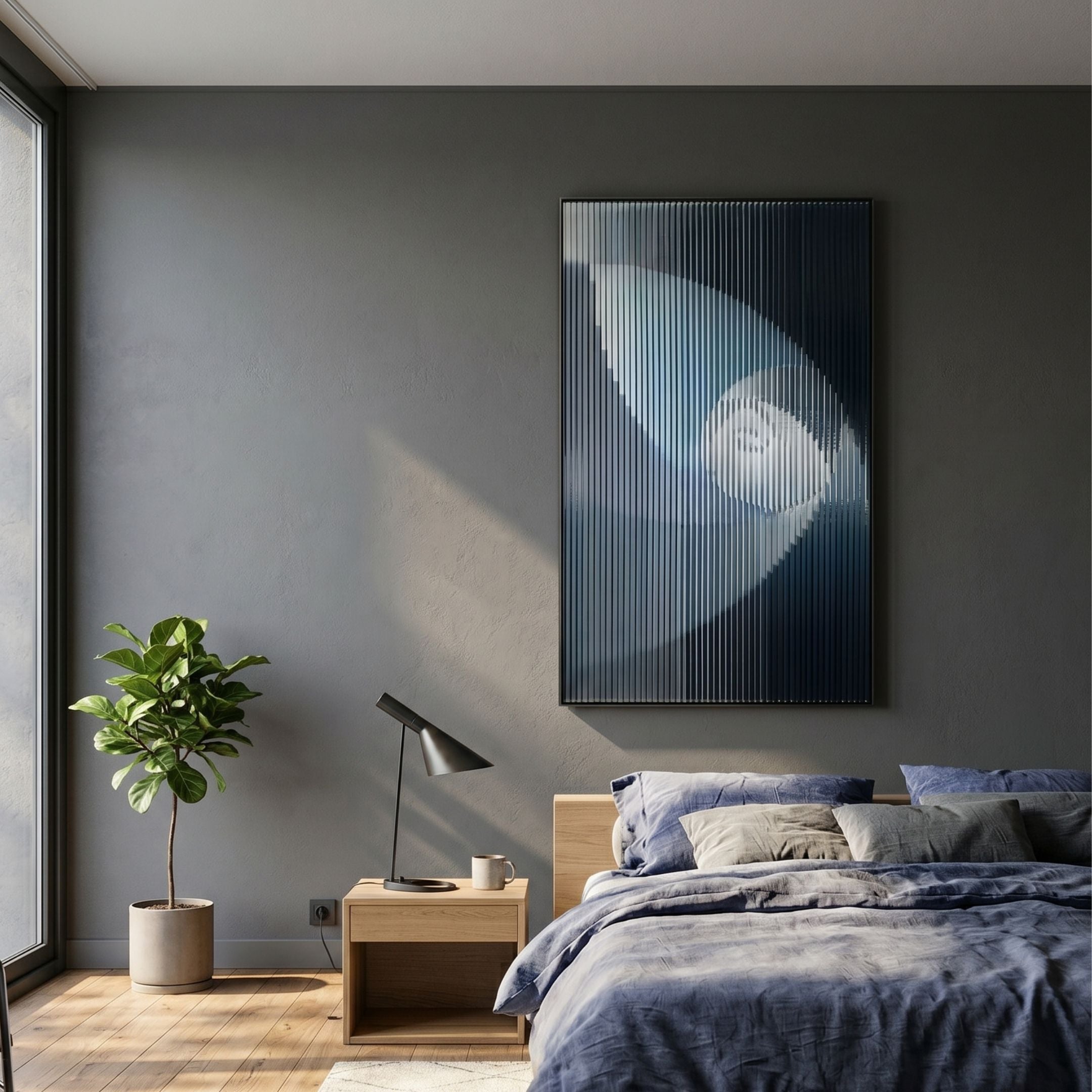 Cyclastra Blue Optical Spiral Acrylic 3D Wall Art by Giant Sculptures mounted above a wooden nightstand in a grey bedroom with blue linen bedding and a fiddle-leaf fig.
