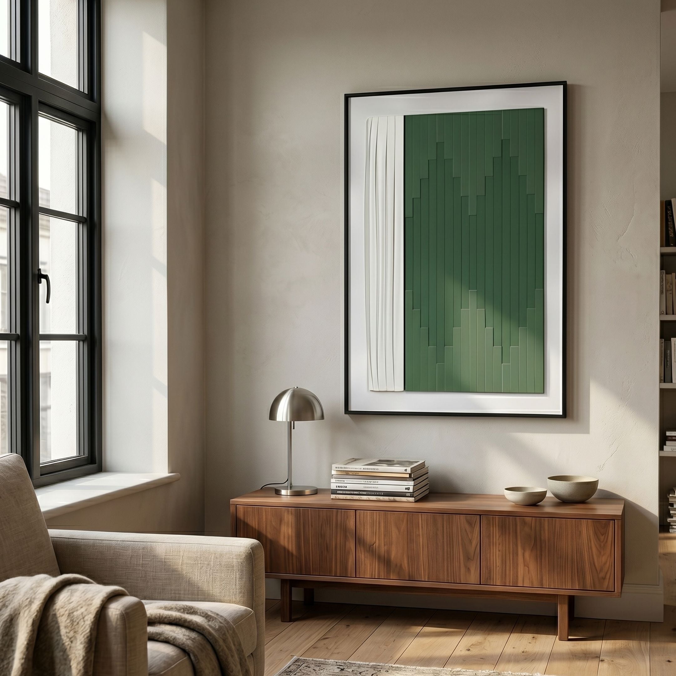 Trivaro Green Panel II Wood Carving 3D Wall Art by Giant Sculptures, framed above a walnut sideboard with lamp and books in a sunlit neutral living room.