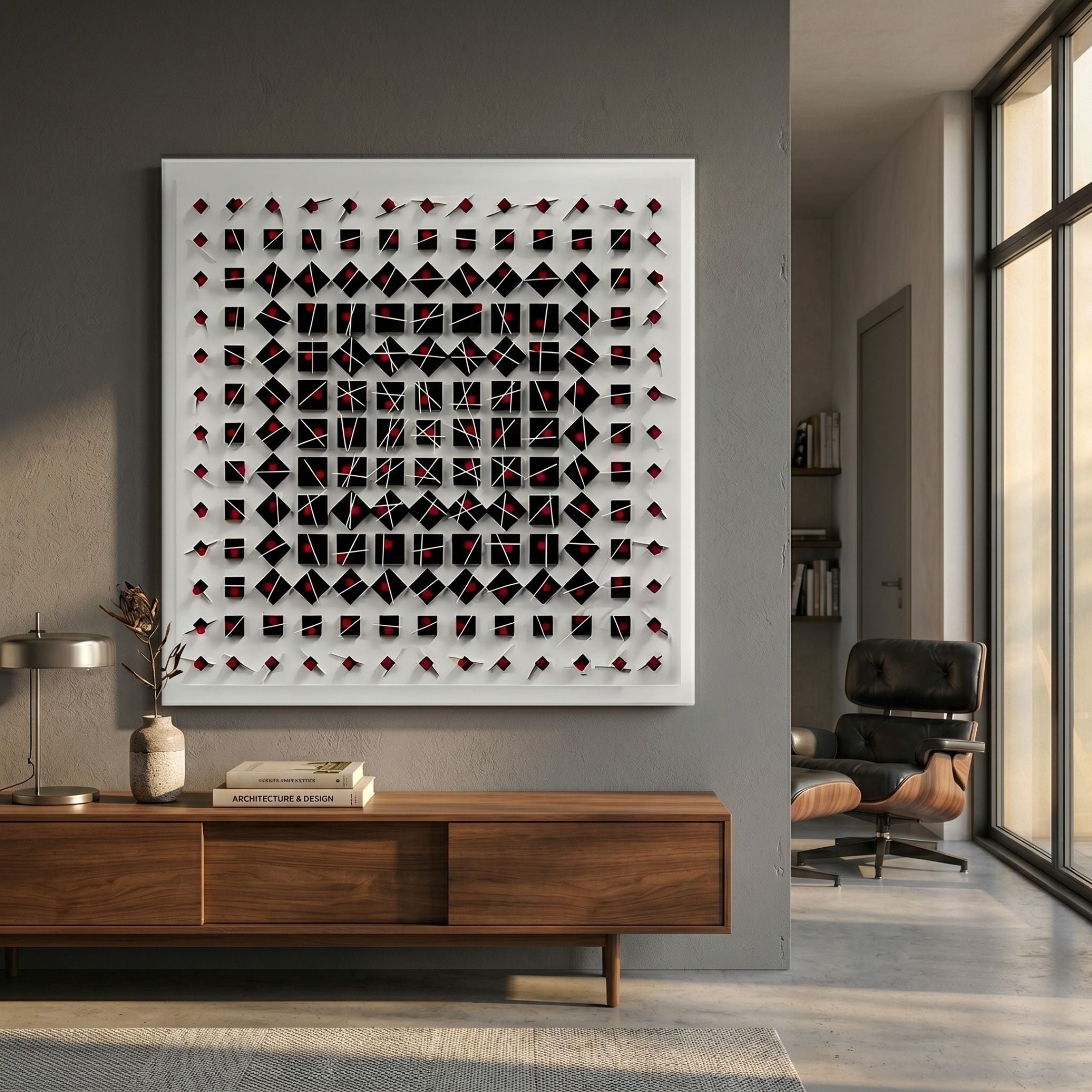 Quanta Red & Black Wood Block Acrylic 3D Wall Art by Giant Sculptures displayed above a walnut sideboard in a modern grey living room with leather lounge chair.