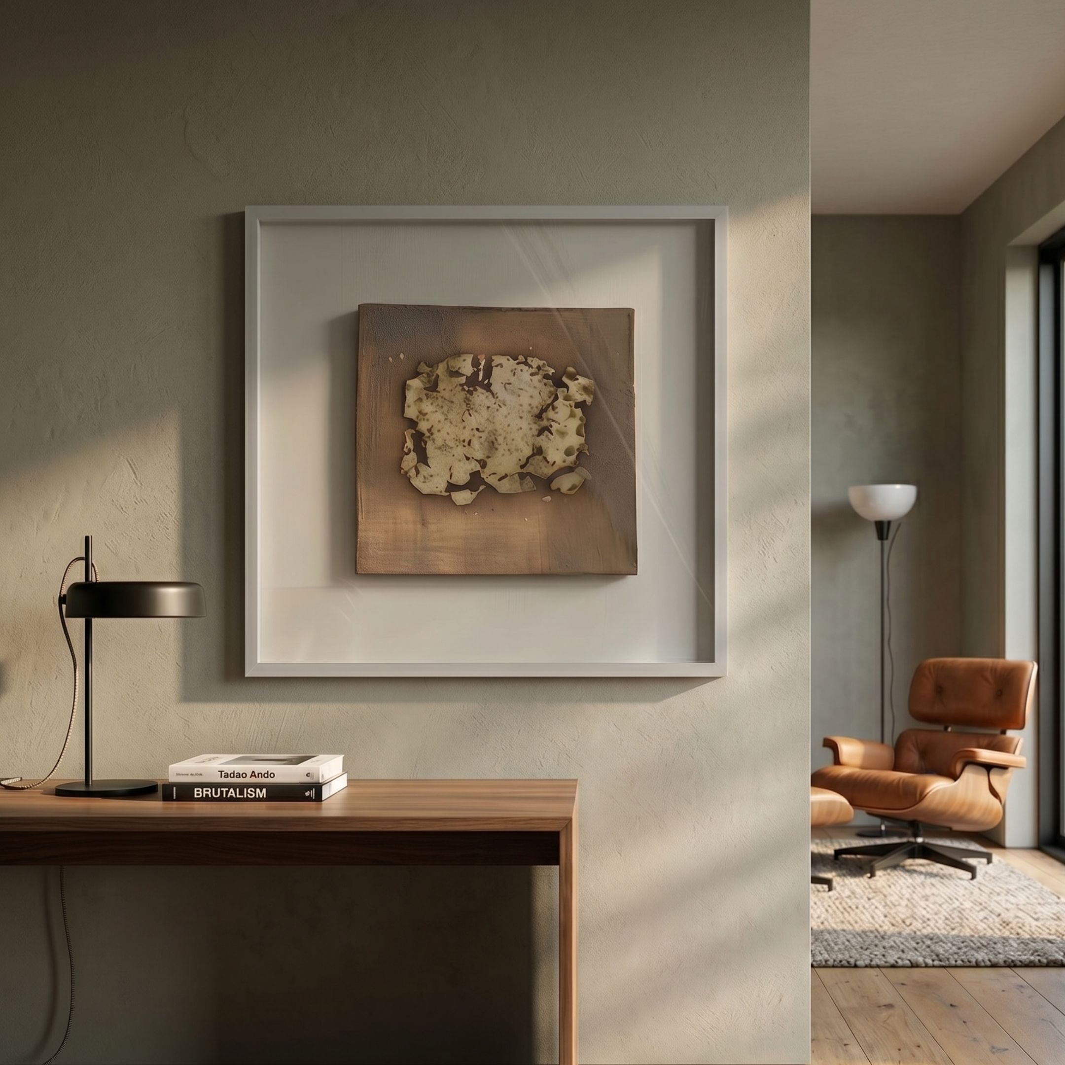 Crustara Weathered Shell Hand Painted Wall Art by Giant Sculptures, cream coral-like fragment on brown canvas in acrylic box frame, above a wooden desk.