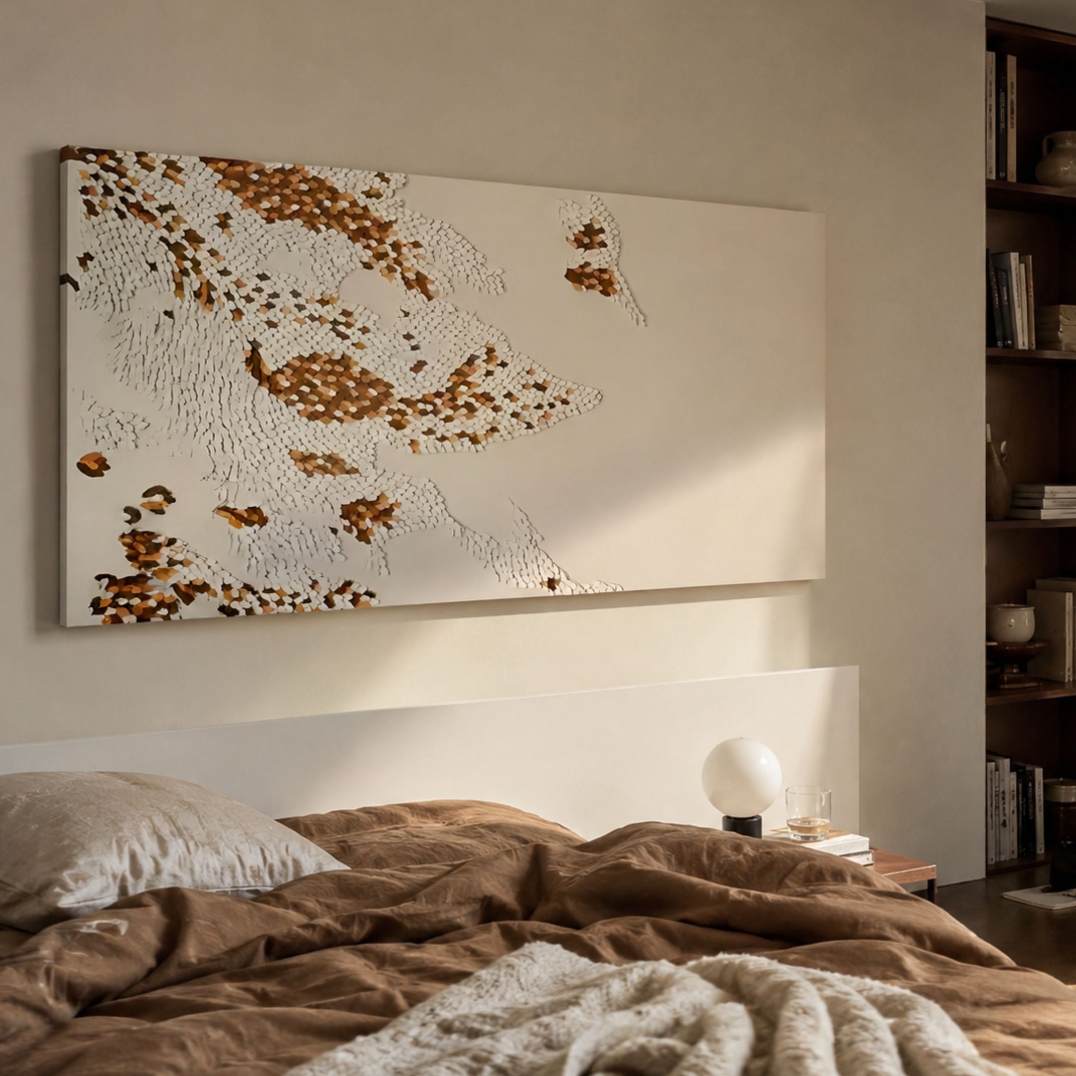 Scalora Copper Fragmented Leather 3D Wall Art mounted above a bed dressed in tan linen, beside a globe lamp and wooden bookshelf in a warm bedroom.