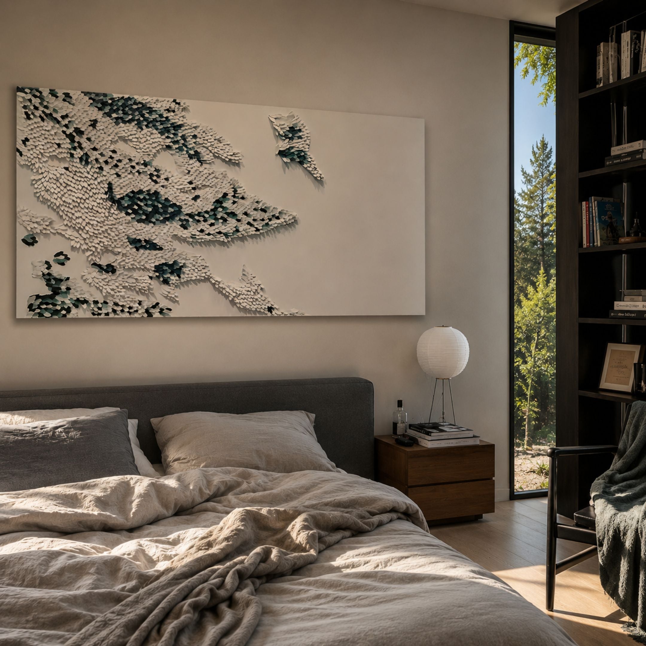 Scalora Teal Fragmented Leather 3D Wall Art by Giant Sculptures mounted above a grey upholstered bed with a paper lantern lamp and bookshelf nearby.