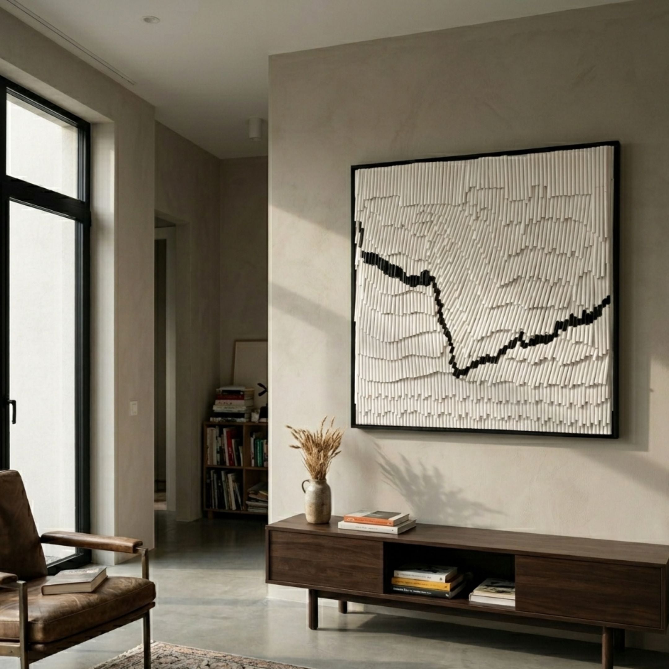 Virelline White & Black Layered Paper 3D Wall Art by Giant Sculptures, framed in black above a walnut console in a minimalist living room with a leather chair.