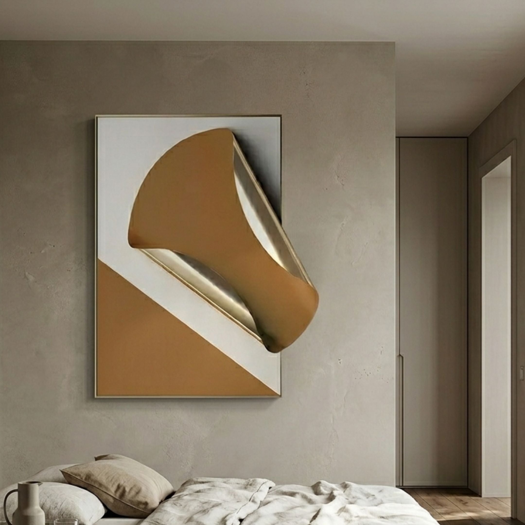 Valmeris Vertical Amber Fold Sculptural Metal 3D Wall Art by Giant Sculptures, displayed above a linen bed in a warm neutral bedroom with concrete walls.