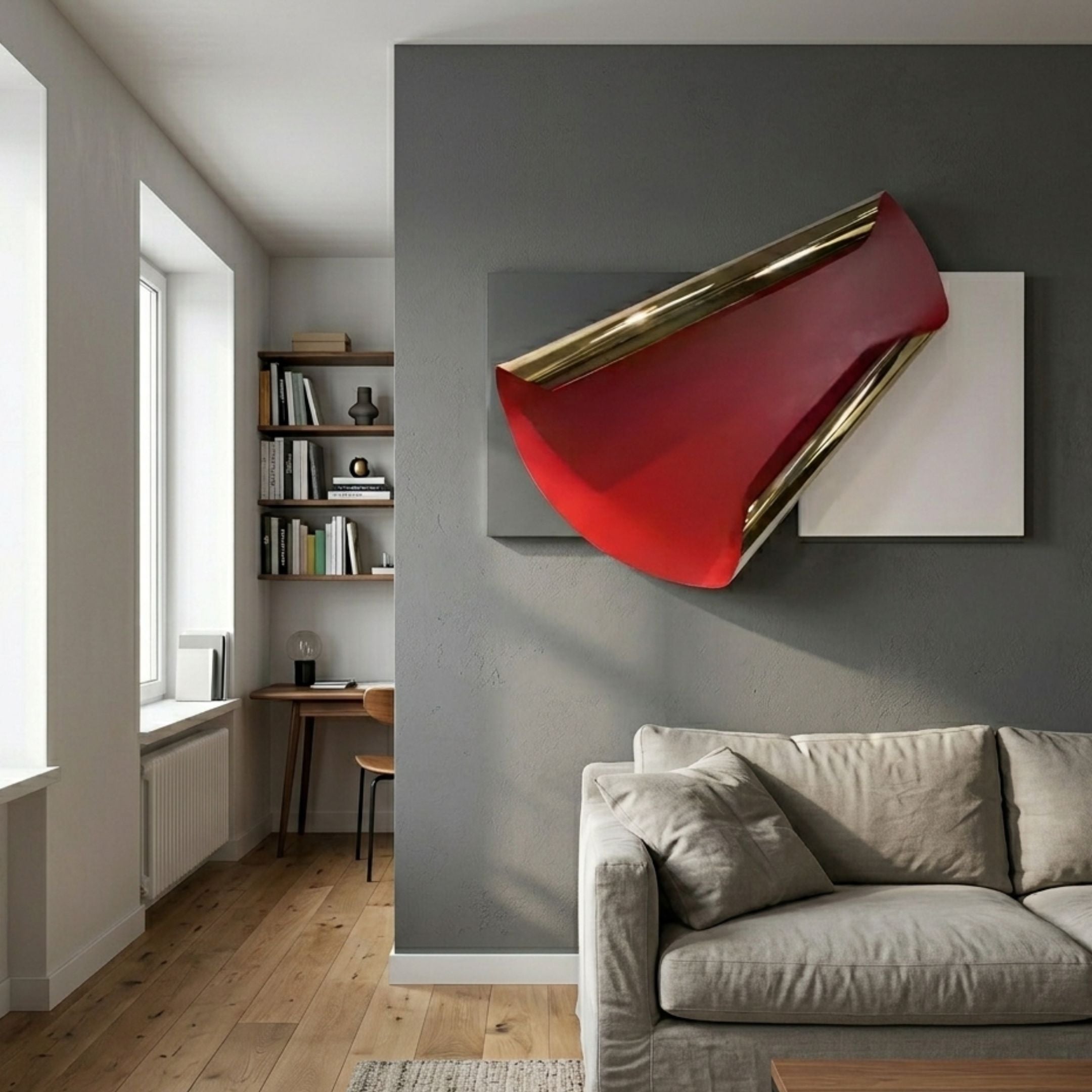 Valmeris Crimson Fold Sculptural Metal 3D Wall Art with gold-trimmed red iron arc on grey and ivory panels, mounted above a beige sofa in a modern living room.
