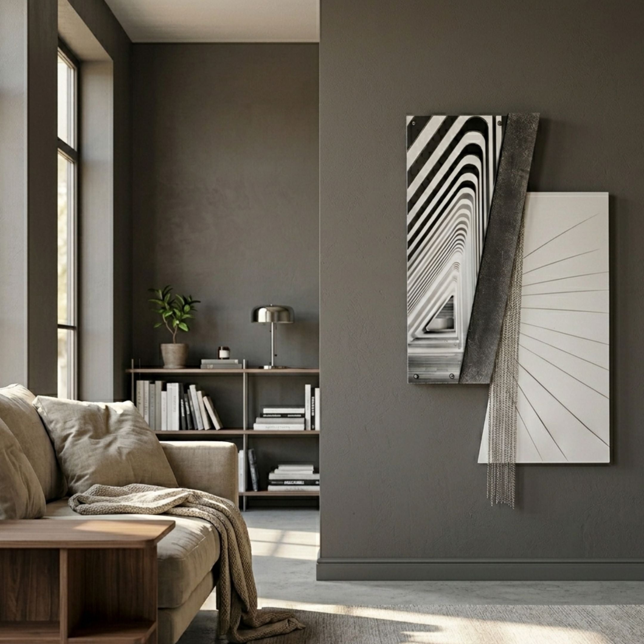 Urbis Black & White Vortex Chain Leather 3D Wall Art by Giant Sculptures displayed on a dark grey wall in a modern living room with a beige sofa and bookshelf.
