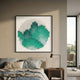 Montava Green Mountain Round Acrylic 3D Wall Art by Giant Sculptures displayed above a linen-dressed bed with bedside lamp in a modern beige bedroom.