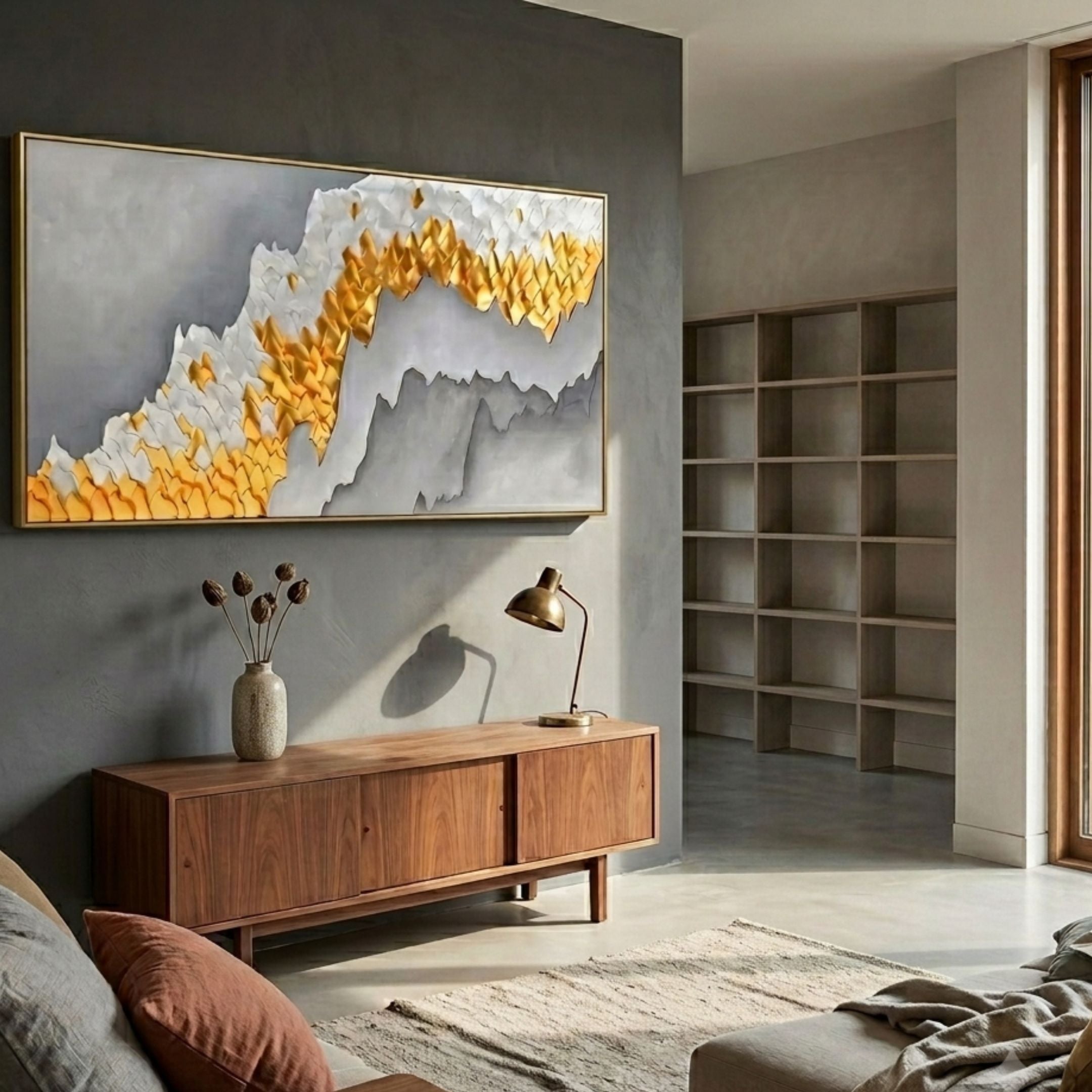Valmara Grey & Gold Crest Layered Leather 3D Wall Art mounted above a walnut sideboard with brass lamp in a grey-walled modern living room.