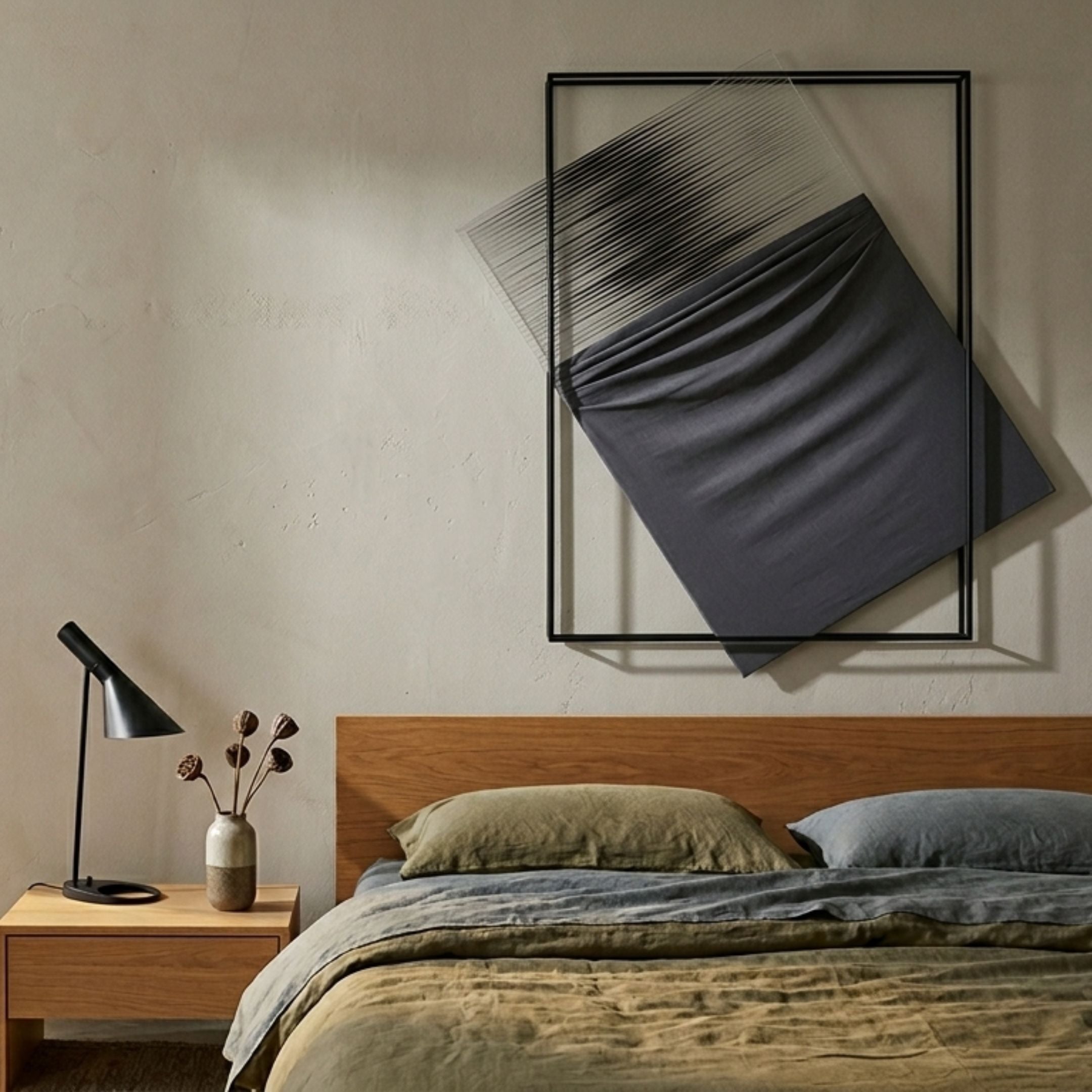 Stravonn Grey Panel Overlay Leather 3D Wall Art by Giant Sculptures, angled grey leather panel in a black metal frame, displayed above an oak bed with linen bedding.