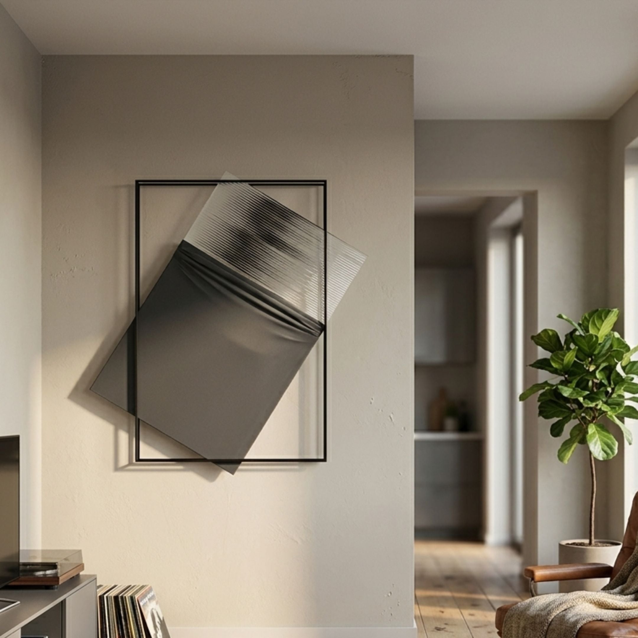 Stravonn Black Panel Overlay Leather 3D Wall Art by Giant Sculptures displayed on a pale wall in a modern living room beside a fiddle leaf fig and leather chair.