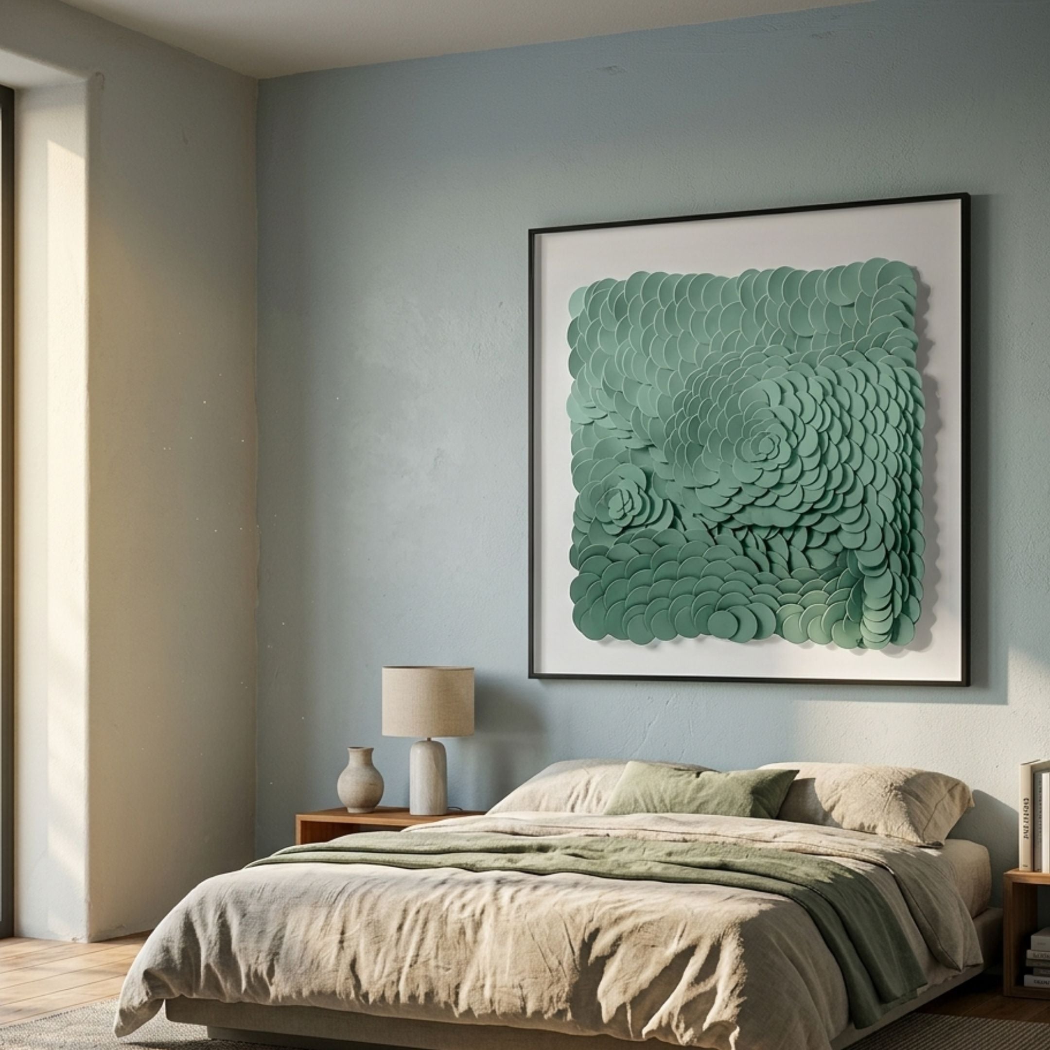 Calavine Green Bloom Sculptural Leather 3D Wall Art by Giant Sculptures displayed above a linen-dressed bed with a wooden nightstand and lamp in a sage bedroom.