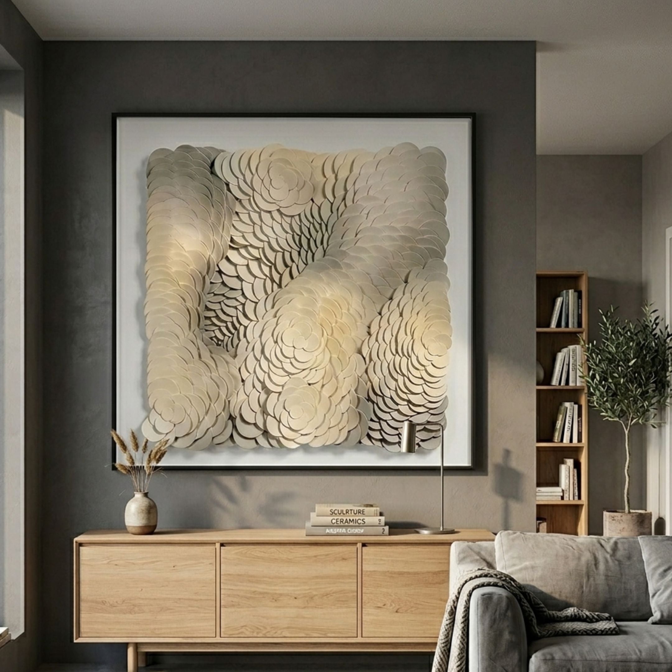 Calavine Cream Bloom Sculptural Leather 3D Wall Art by Giant Sculptures, layered cream leather circles in a square black frame above a wood sideboard.