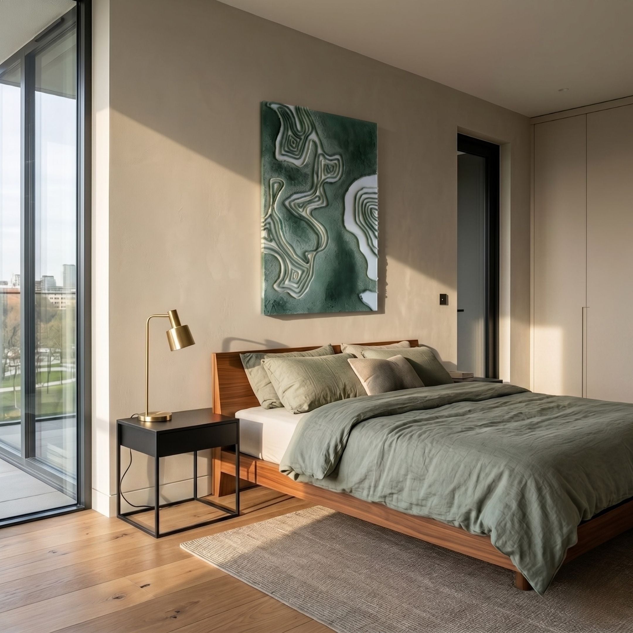 Terracore Green Contour Relief Abstract 3D Wall Art by Giant Sculptures mounted above a wood bed with sage linen in a sunlit modern bedroom.