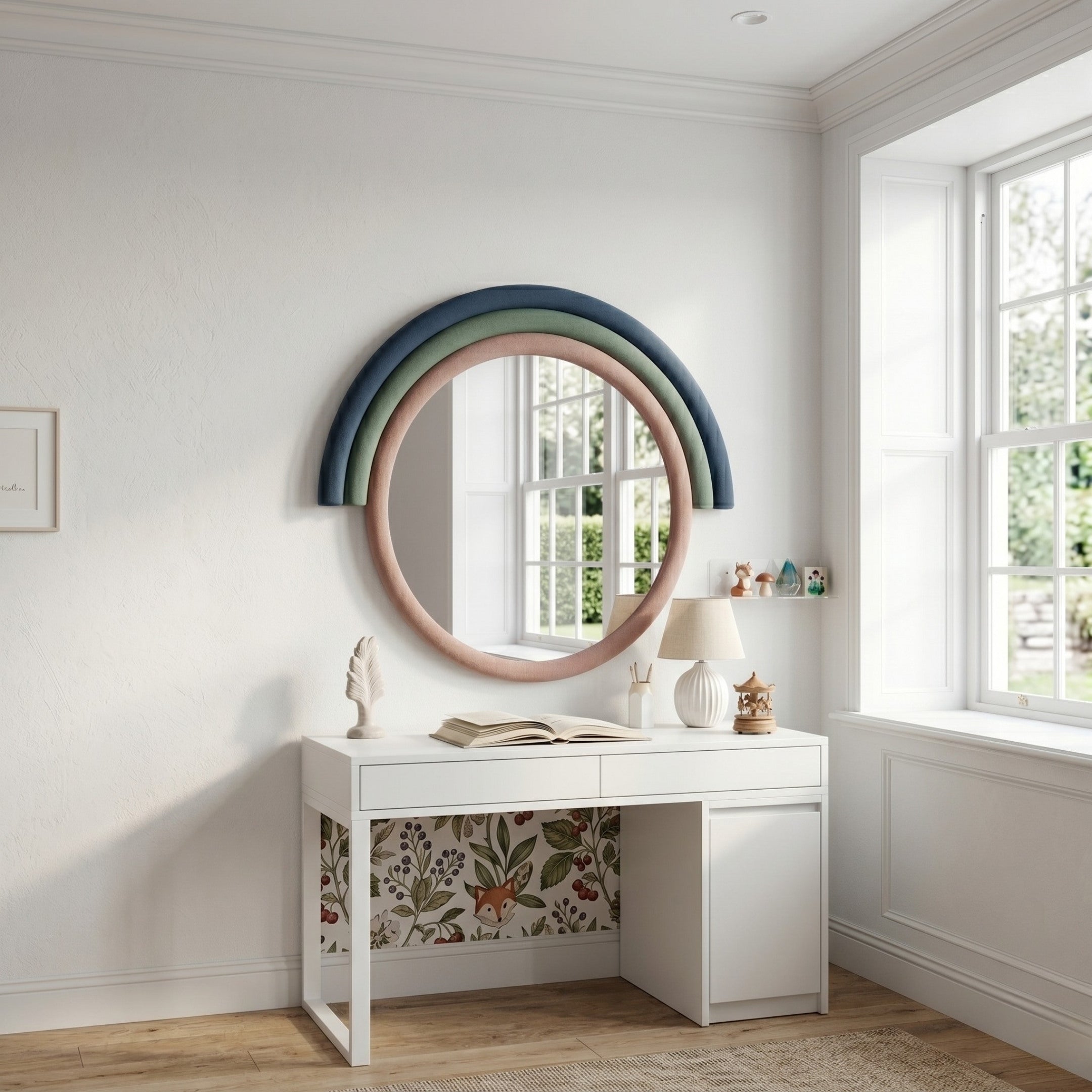 A white desk with a lamp, books, and decor sits against floral wallpaper and the Arcaluna Navy & Green Layered Round Mirror 3D Wall Art by Giant Sculptures, framed by pastel rainbow arches. Large windows fill the cozy modern room with natural light.