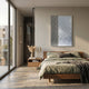 Metallure Silver Linear Textured Acrylic 3D Wall Art by Giant Sculptures displayed above a wooden bed with sage green linen in a sunlit modern bedroom.