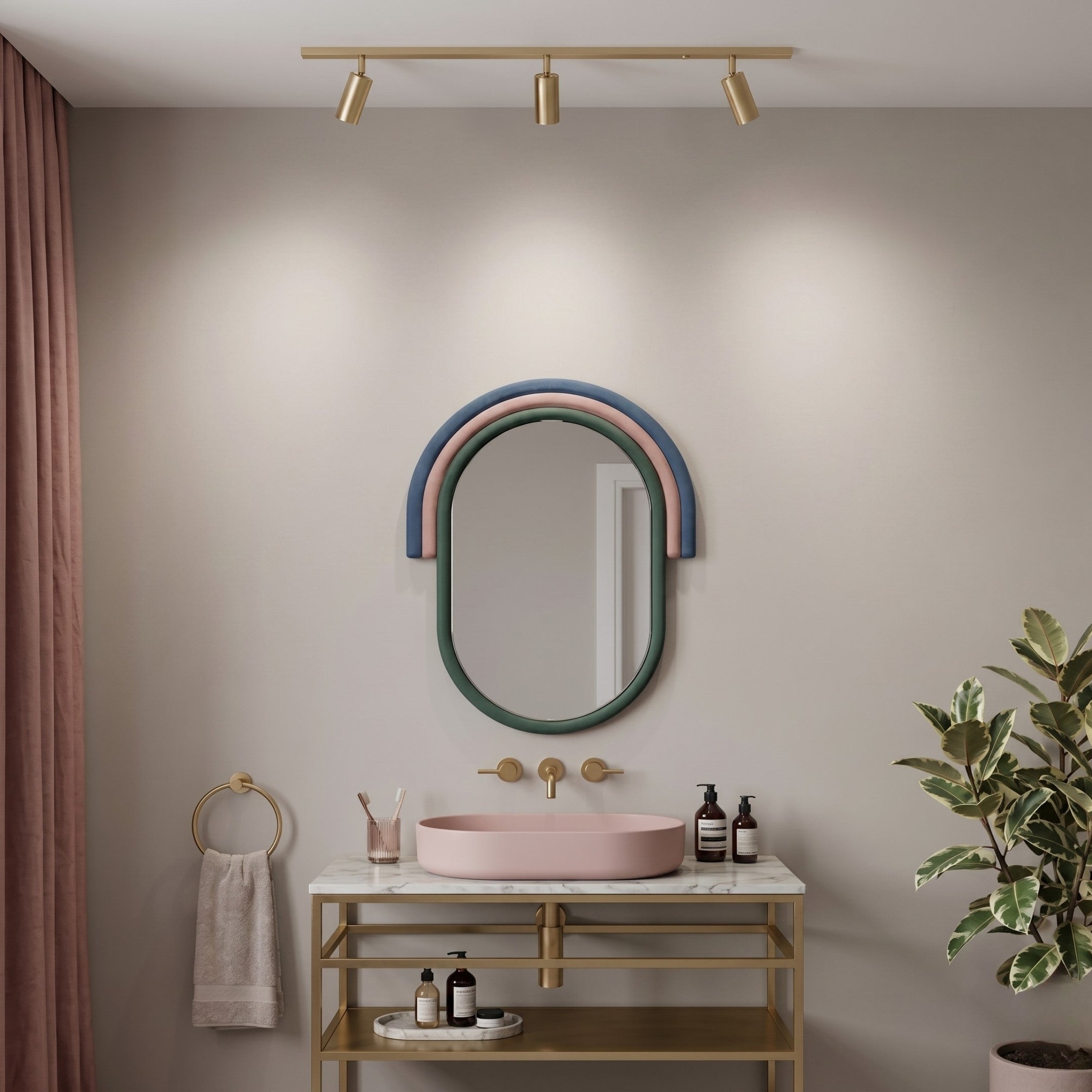 Modern bathroom with a marble sink, pink basin, gold faucet, and the Arcaluna Blue & Blush Layered Arch Mirror 3D Wall Art by Giant Sculptures. Bottles and towels sit on the counter; a leafy plant is right, pink curtains left.
