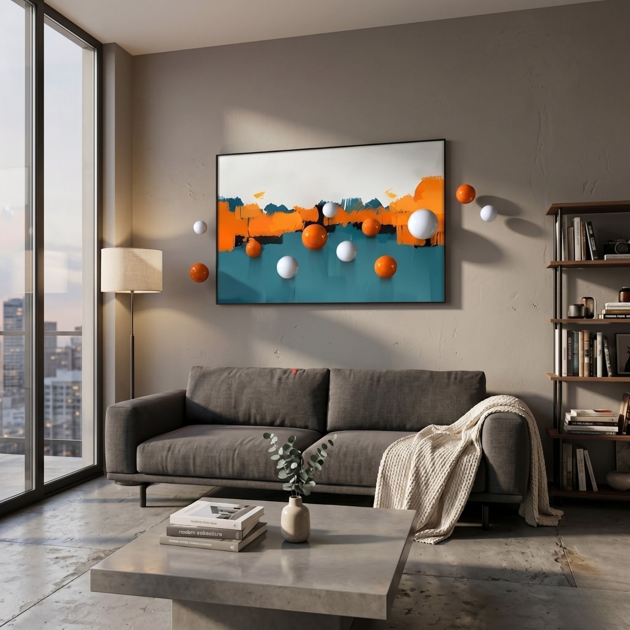 Aerisphere Abstract Drift 3D Wall Art by Giant Sculptures hung above a grey sofa in a modern living room with floor lamp, bookshelf, and city view.