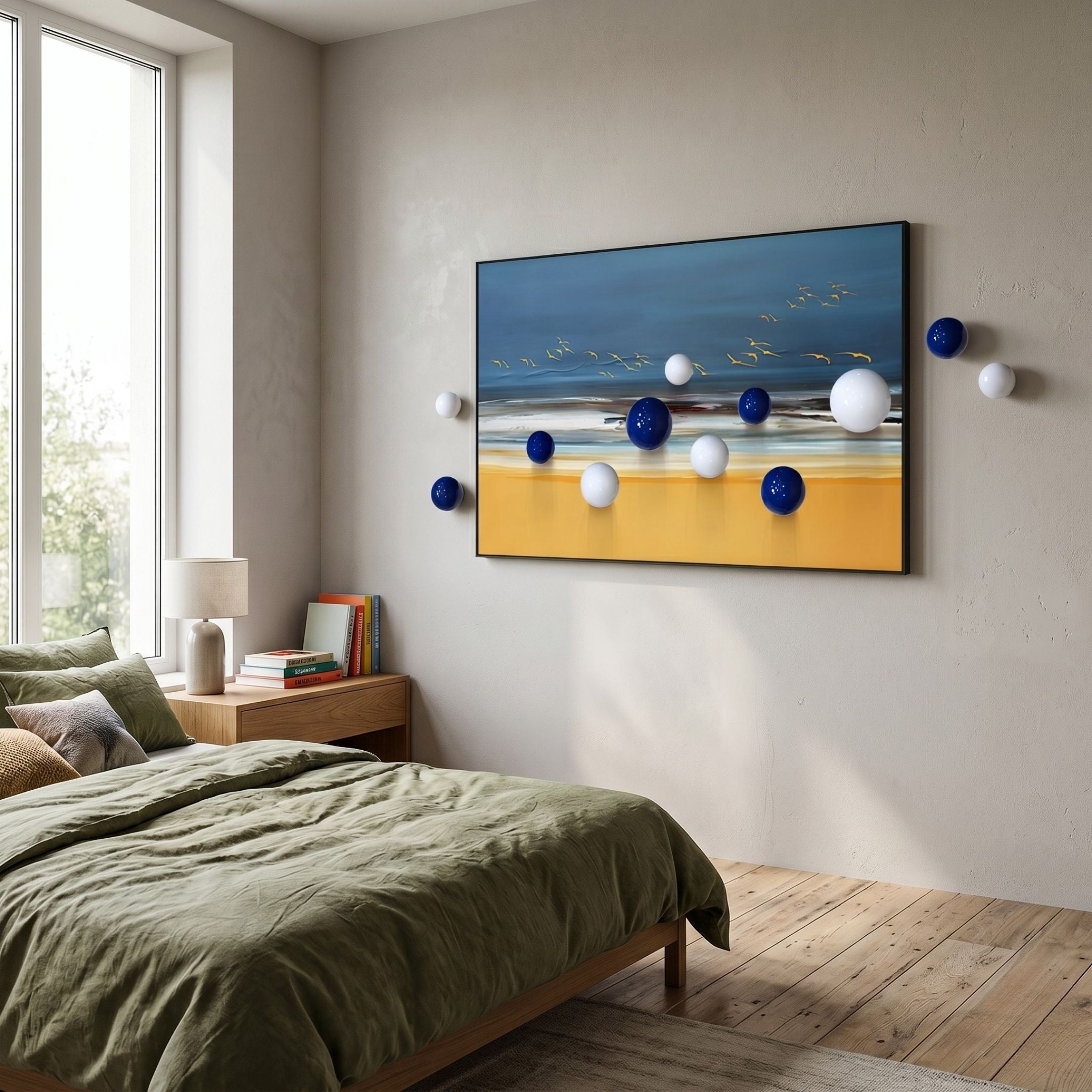 Aerisphere Coastal Horizon 3D wall art by Giant Sculptures, with blue and white metal spheres on a yellow and blue landscape canvas, displayed above a green-linen bed.