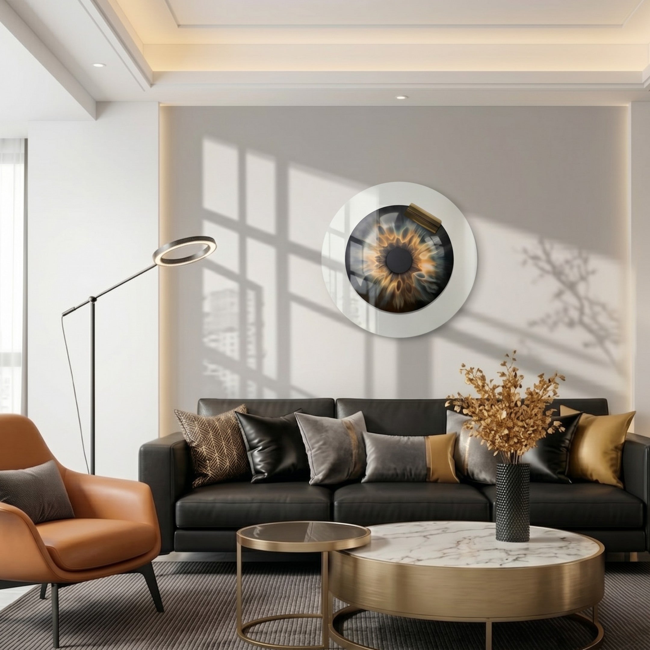 A modern living room has a gray sofa with metallic and gold pillows, an orange armchair, a marble coffee table, and a floor lamp. Above the couch is Giant Sculptures’ Iriselle Amber Flare Crystal Porcelain 3D Wall Art; dried flowers decorate the table.