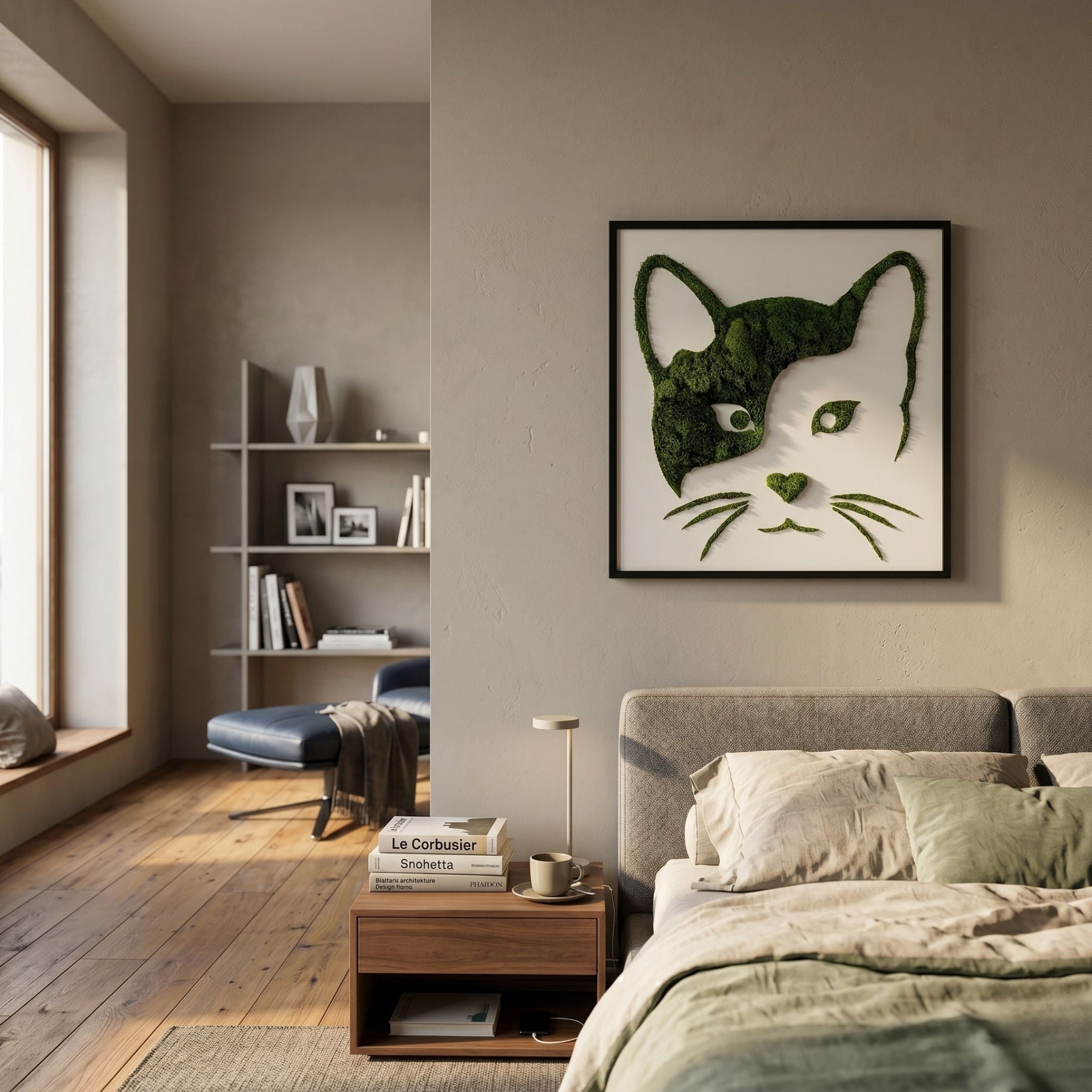 Verdifable Square Green Cat Portrait Moss 3D Wall Art in a black frame, hung above a bedside table in a Nordic bedroom with green linen bedding.