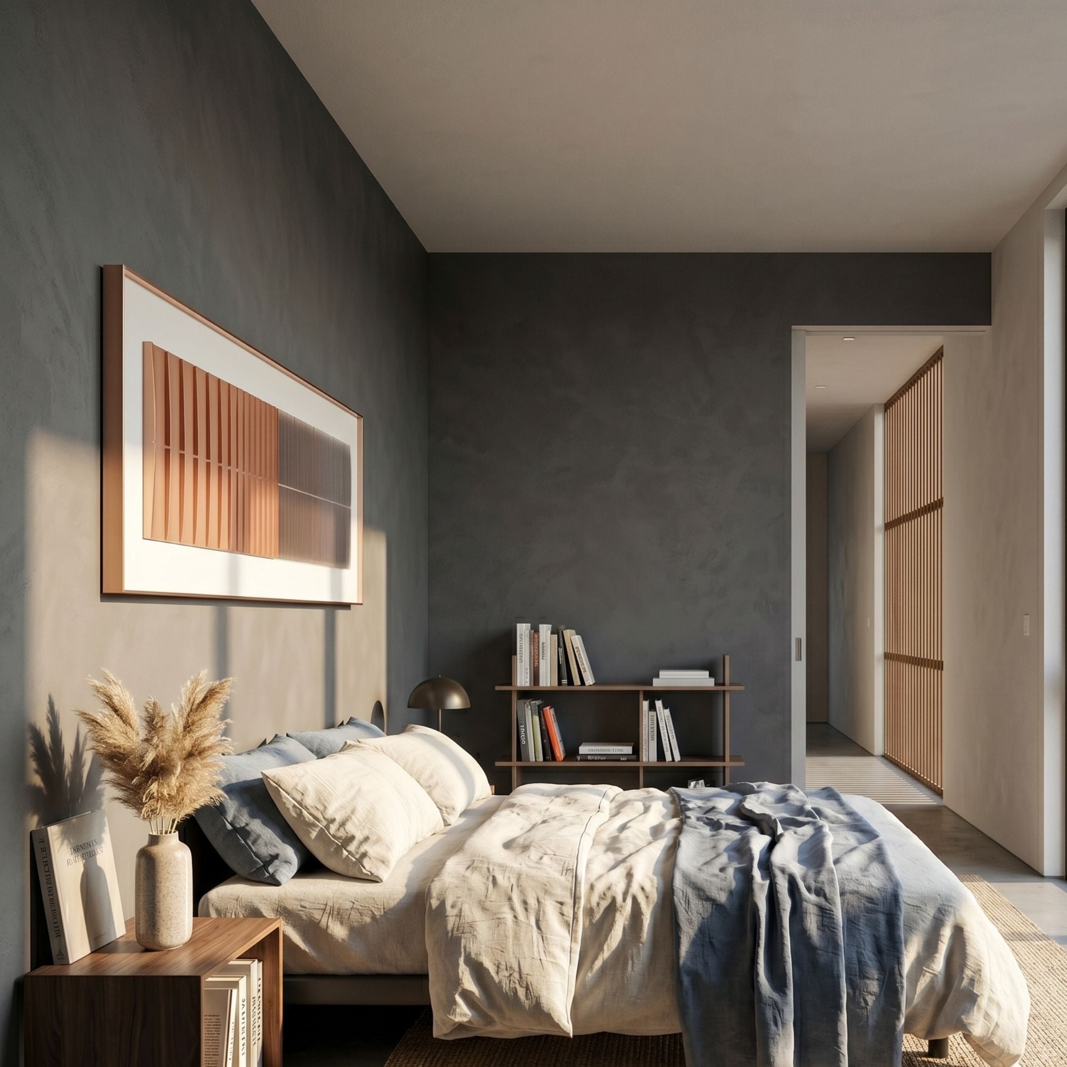 Flowline Copper Blush Gradient Acrylic 3D Wall Art by Giant Sculptures displayed above a bed in a grey-walled bedroom with linen bedding and a bookshelf.